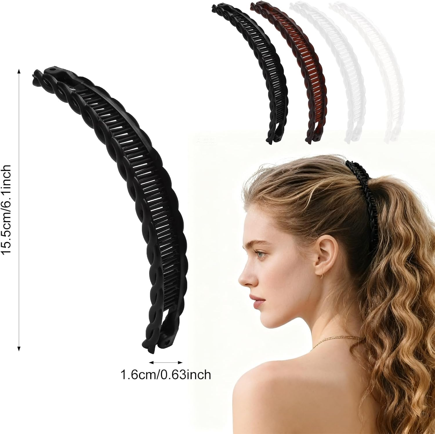 VOSSOT Pack of 4 Banana Clip Thick Hair, Hair Clips, Hair Clips, Banana Hair Clips, Claw Clip, Banana Hair Clips, Women'S Brown & Black & White & Transparent image number 2