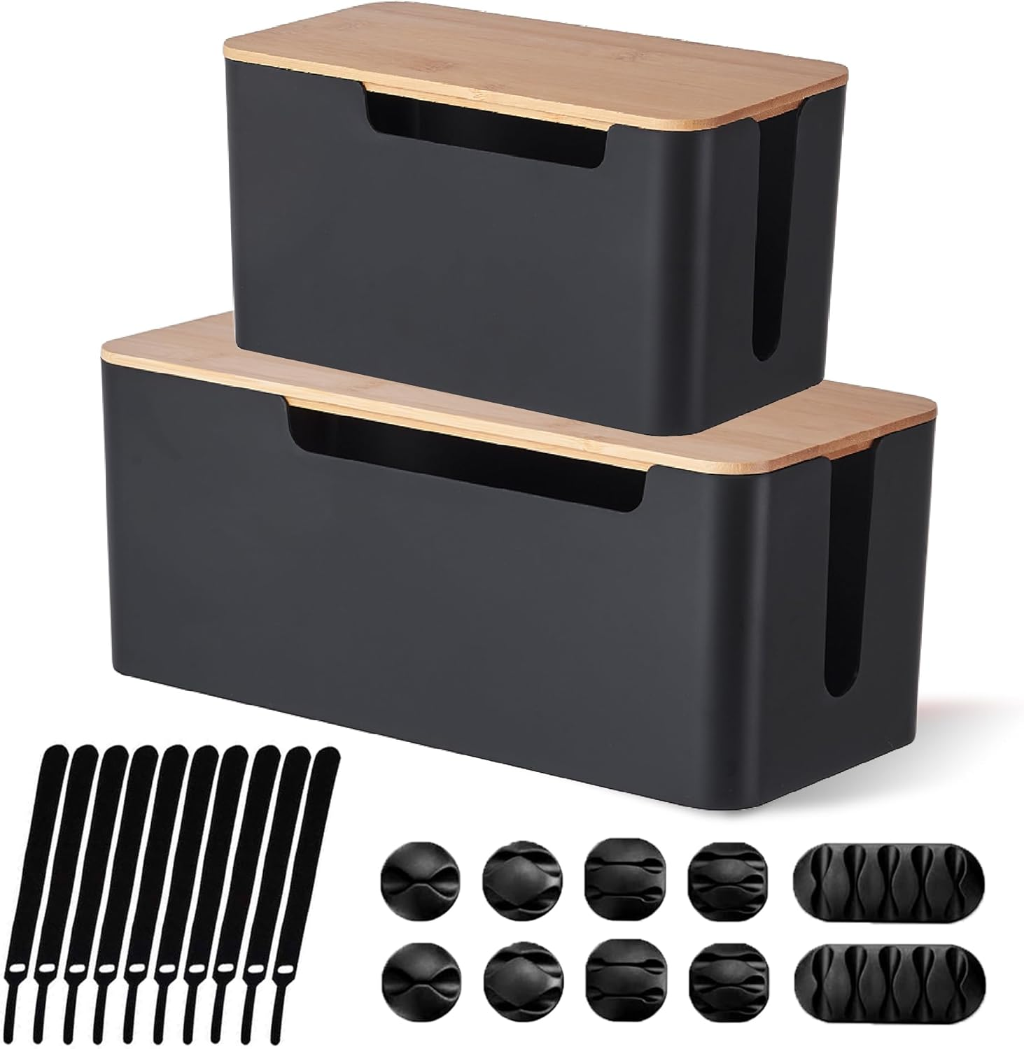 [Set of 2] Wood Cover Cable Management Box Set, Wire Ties Included to Organize Desk Cord Cables, Hide TV Computer Wires, Power Strips, USB Hub to Make Your Home, Office Neat and Clean (White)