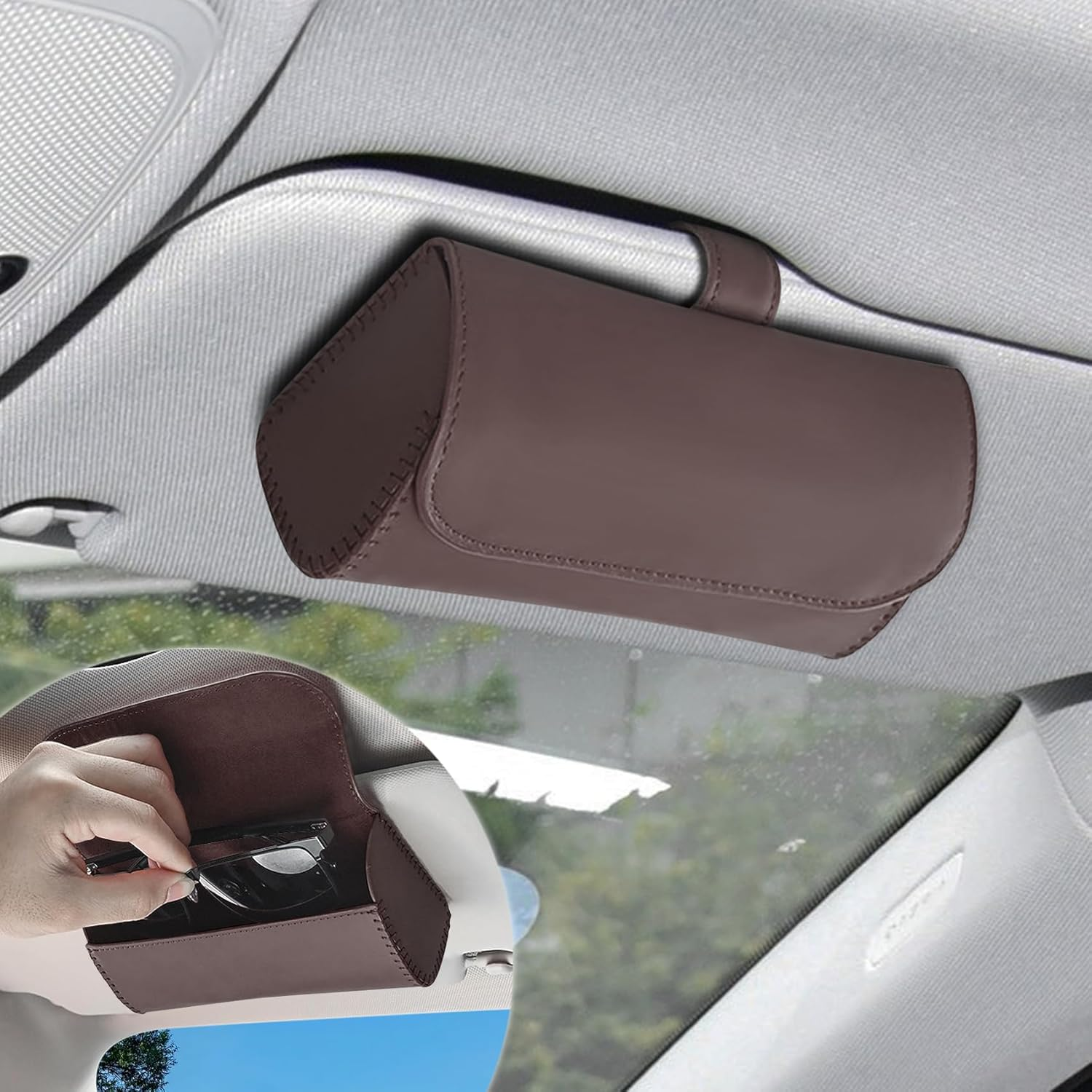 WINUERK Sunglass Holder for Car Visor, Leather Car Eyeglass Holder with Clips, Visor Accessorie Glasses Protective Storage Casef for Women Men, Universal Car Interior Accessories Fit All Cars (Black)