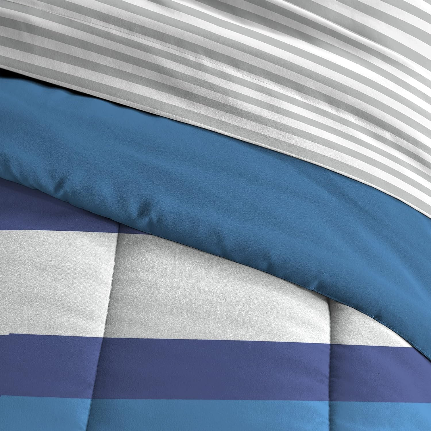 Dream FACTORY Kids 5-Piece Complete Bed Set Easy-Wash Super Soft Microfiber Comforter Bedding, Twin, Blue Rugby Stripe, (2D872701BL) image number 6