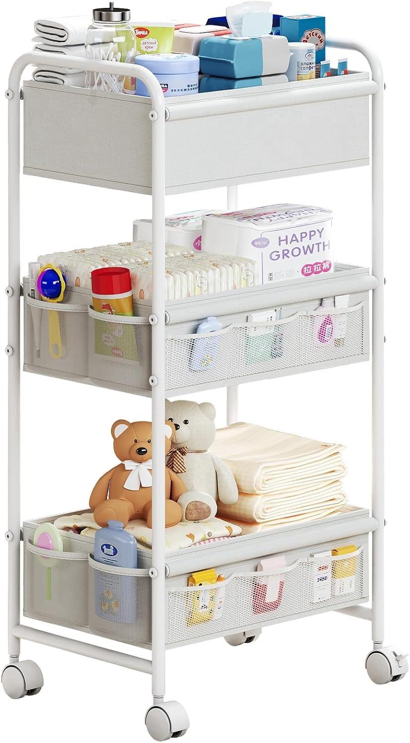 3-Tier Baby Diaper Caddy Cart Organizer, Mobile Nursery Organization with Wheels, with 2 Dividers & 14 Mesh Pockets Durable Metal Utility Cart for Nursery, Bedroom, Bathroom Essentials Organization image number 1