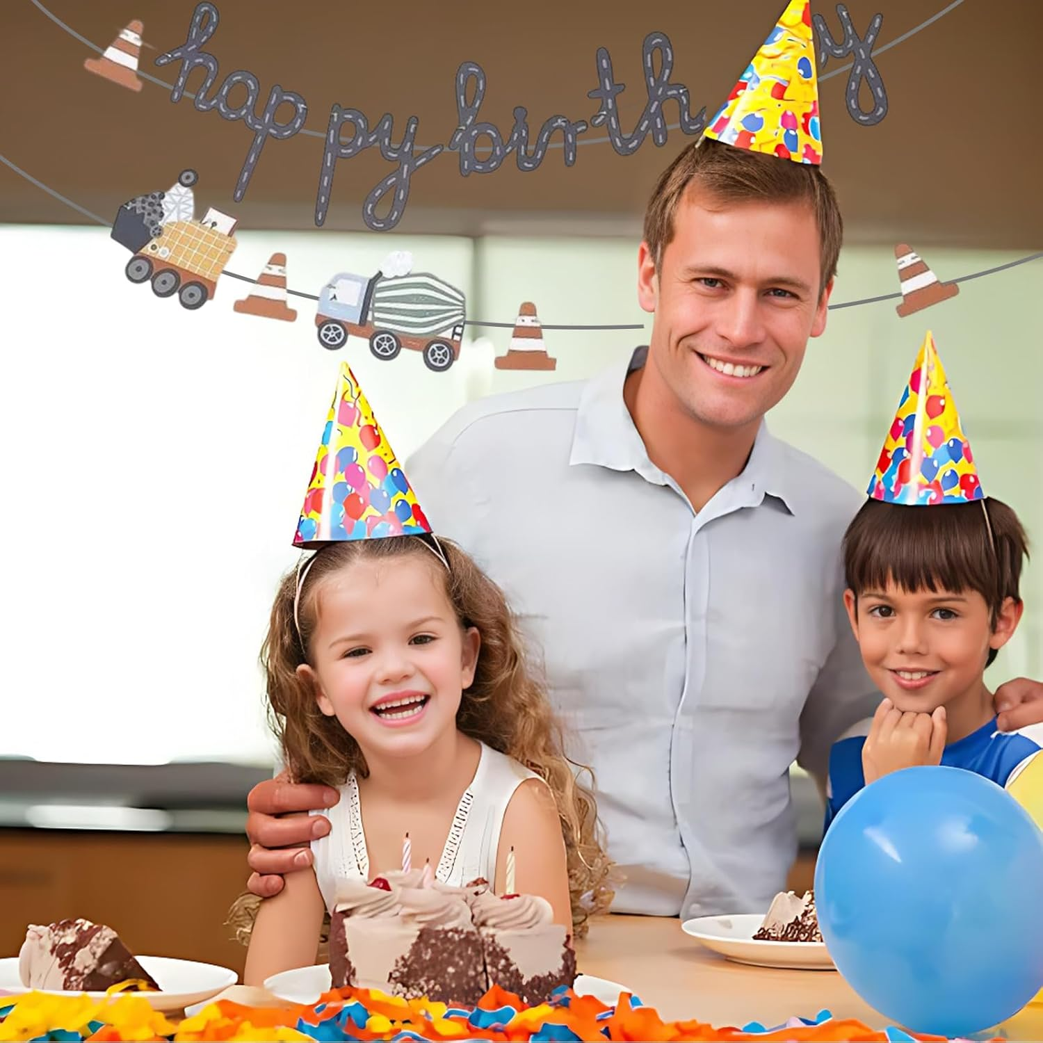 Construction Site Party Chain, Cute Happy Birthday Colourful Vehicles, Birthday Garland Construction Site Boy with Truck Crane Concrete Mixer, Children'S Birthday Decoration Hanging Chain For image number 4