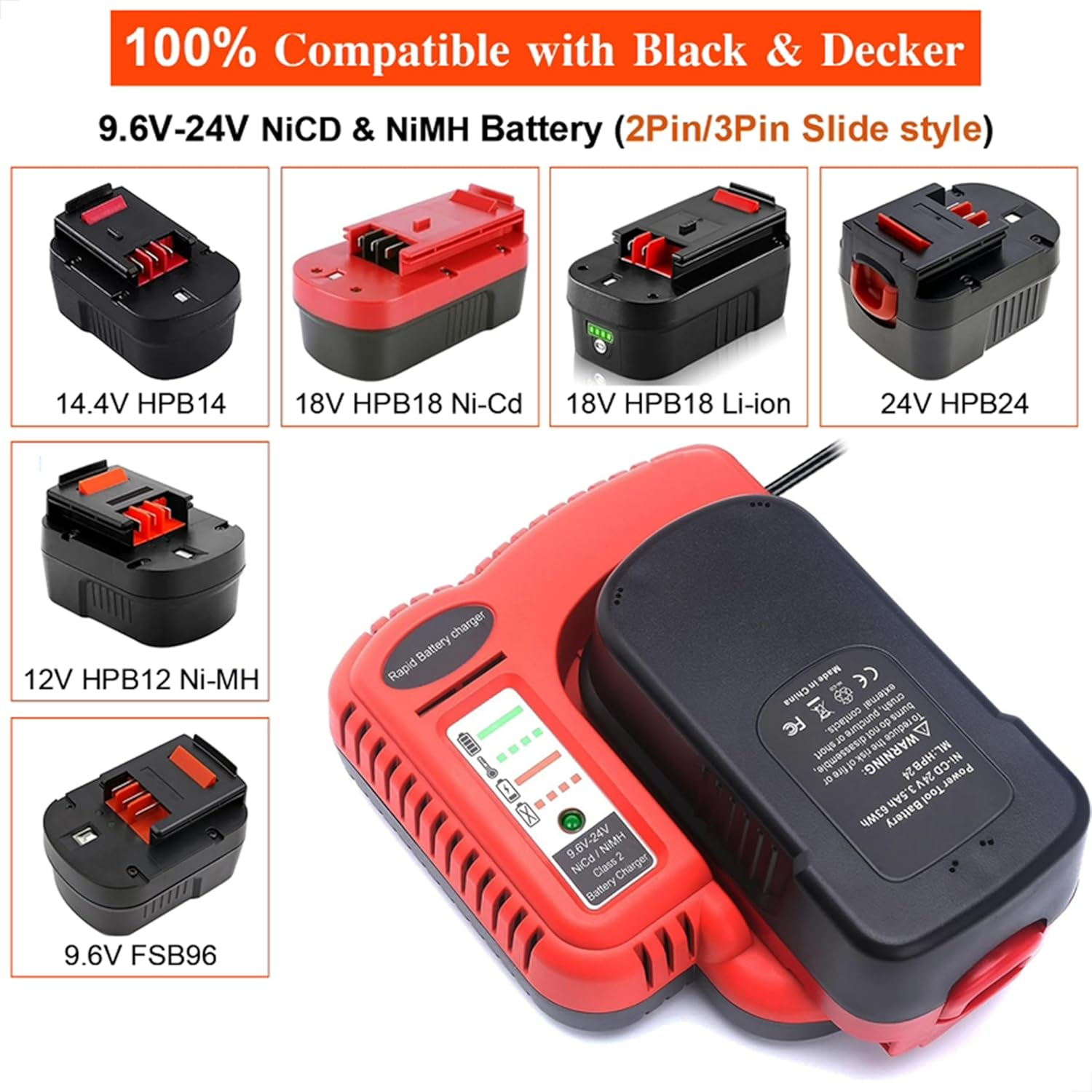 BDCCN24 Multi-Volt Battery Charger,Compatible with Black and Decker 18V 14.4V 12V 9.6V 24V Nicd Nimh Battery HPB18 HPB18-OPE HPB14 HPB12 HPB96 Hpb24,Ni-Mh-Ni-Cd Fast Charger image number 5