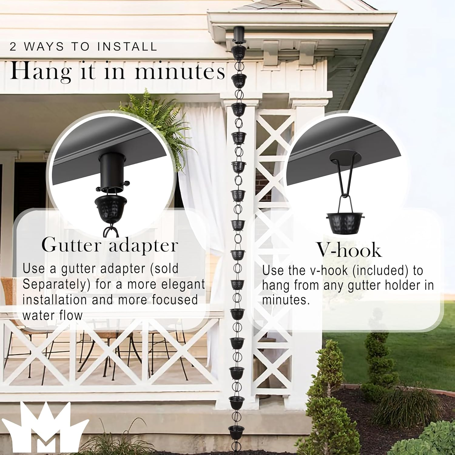 Monarch Rain Chains 18106 Aluminum Hammered Cup Rain Chain, 8-1/2 Feet Length Replacement Downspout for Gutters, Black image number 1