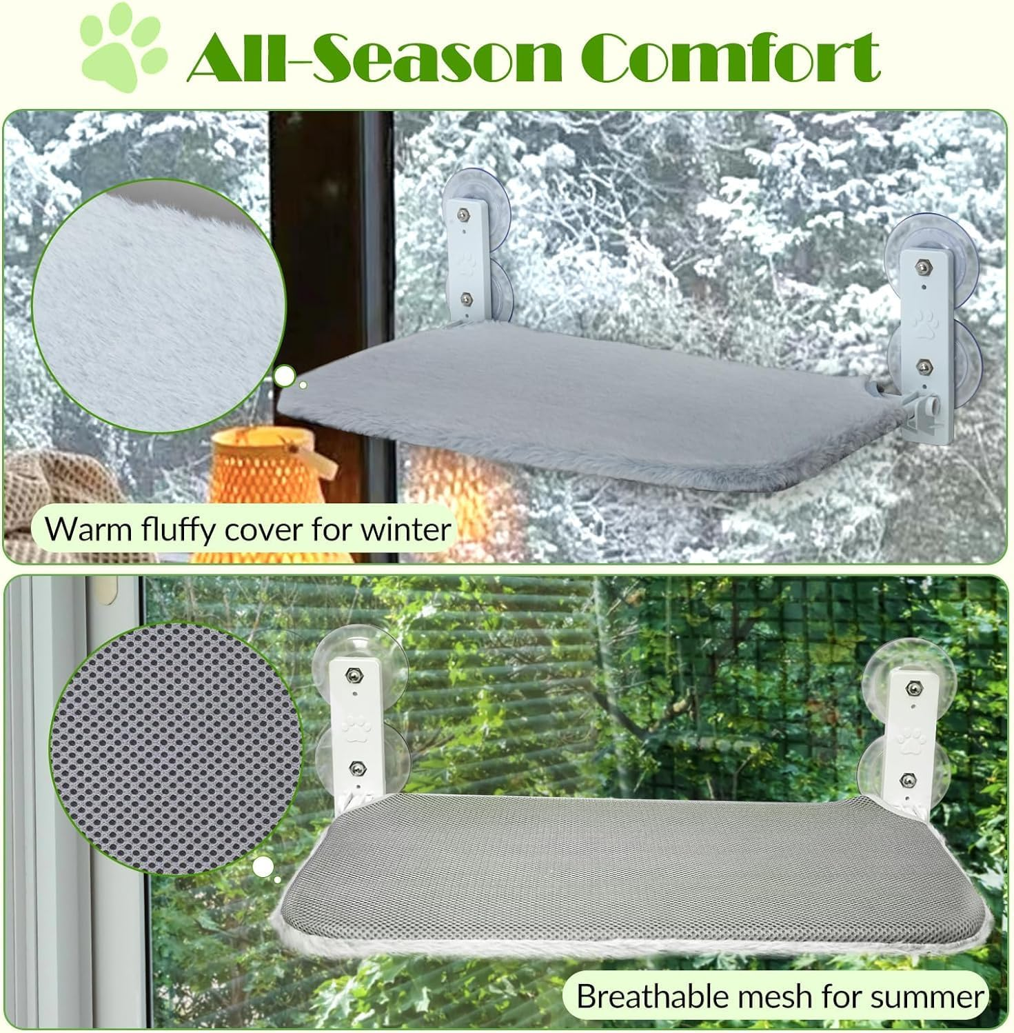 Cordless Cat Window Perch,Foldable Cat Window Hammock with 4 Suction Cups,Reversible Cover with Two Different Kinds of Fabrics,Solid Metal Frame Cat Bed for Cats Inside,Grey