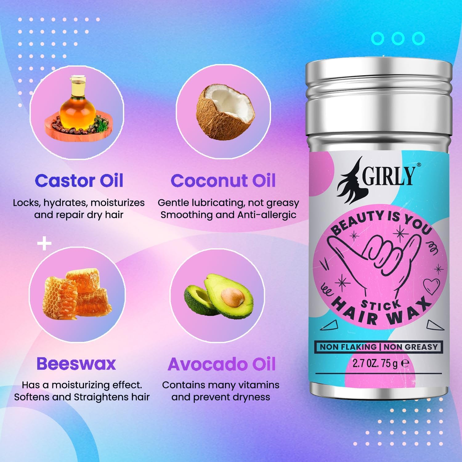 Girly Premium Hair Wax Stick & Slick Back Pink Hair Brush for Tame Flyaways, Frizz, Sleek Ponytail, Buns | Pomade/Balm/Gel Stick for Woman, Styling Accessories for Girls, Kids image number 1