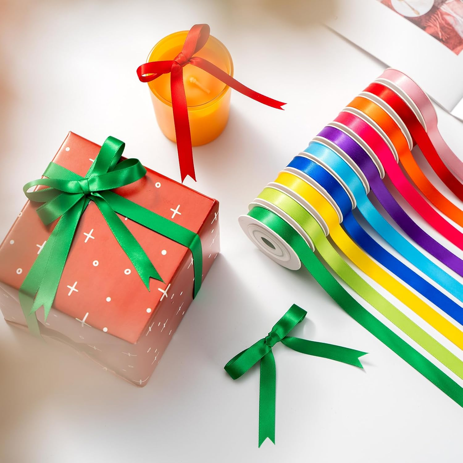 Satin Ribbon Rainbow Double Faced Ribbon 10 Colors,3/8 Inch X 5 Yd Fabric Ribbons for Gift Wrapping Flower Bouquet Wedding Decoration Bows10 Rolls image number 3