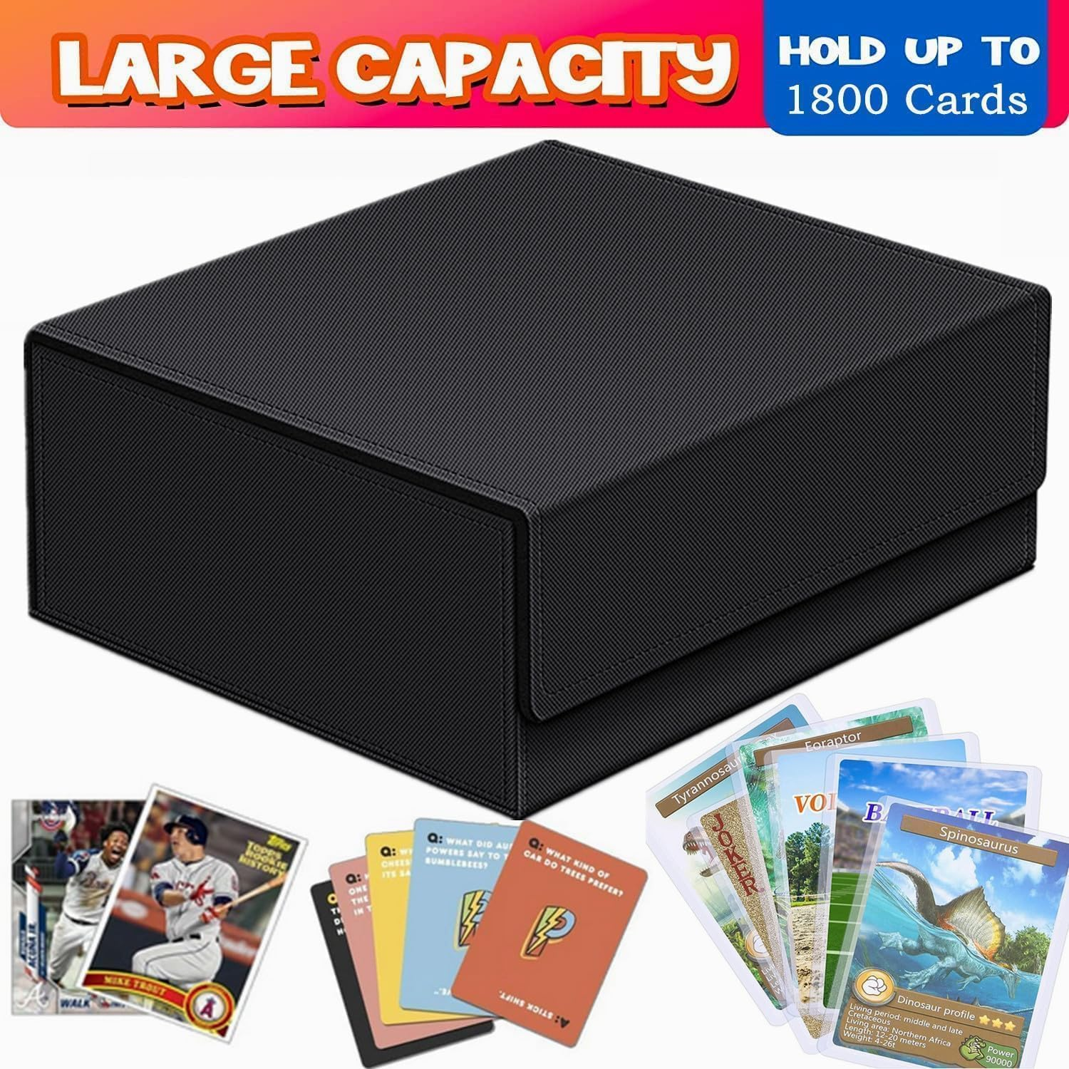 1800+ Trading Card Storage Box, Magnetic Closure Toploaders Storage Box Hold 600+ 35PT 3"X4" Standard Toploaders, PU Leather Card Deck Boxes Fit for Mtg,Sport Cards,Game Cards (Black&Deep Blue)