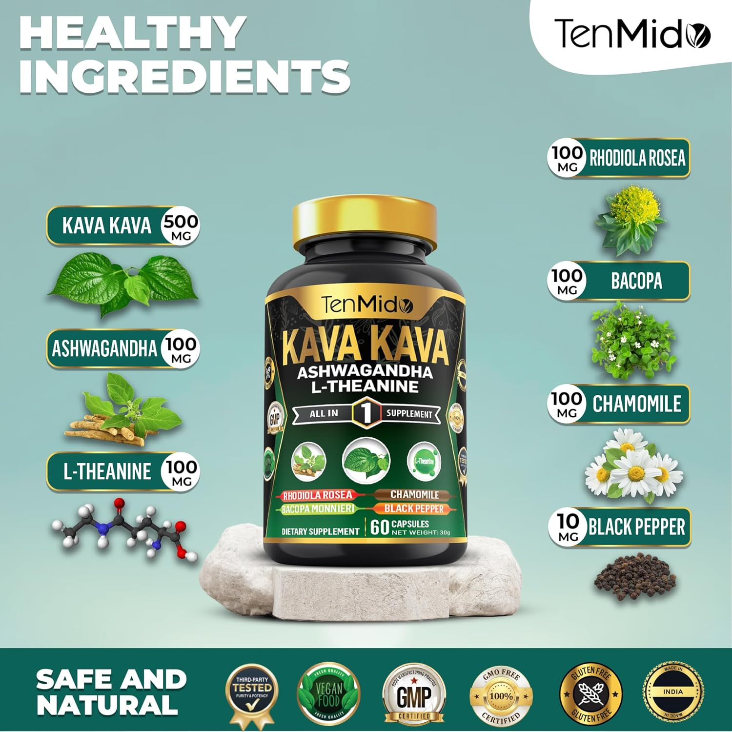 Kava Kava Supplement - 7In1 Blend with Ashwagandha, L-Theanine, Rhodiola, Bacopa & More - 60 Non-Gmo, Vegan Capsules image number 1