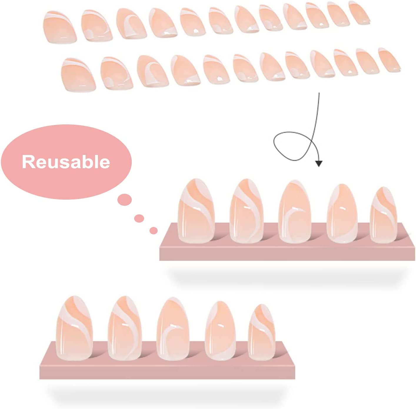 24-PCS French Tip Almond Press on Nails Medium Fake Nails White Line Coffin Press on Fake Nails Glossy False Nails Full Cover Acrylic Nails for Women & Girl image number 3