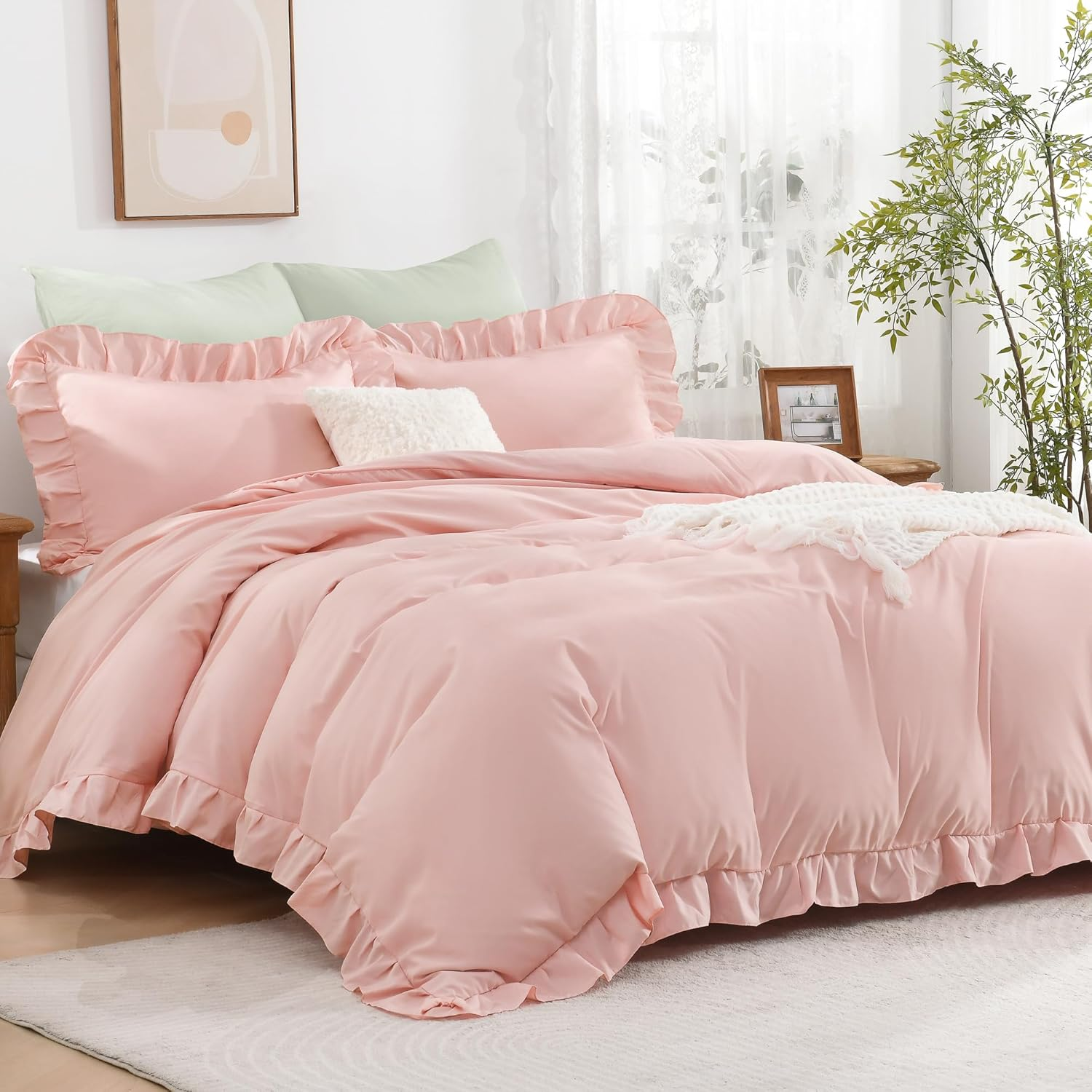 Andency White Ruffle Duvet Cover Full(79X90Inch), 3 Pieces Farmhouse Shabby Chic Ruffled Duvet Cover, Soft Microfiber Duvet Cover Set with Zipper Closure, Corner Ties