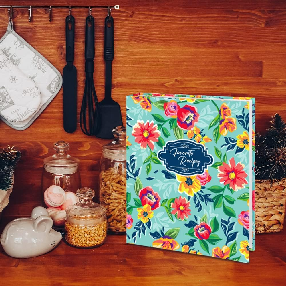 Recipe Binder, 8.5 X 11 Inch 3 Ring Recipe Binder Kit with 50 Plastic Sleeves Protectors, 100 Packs 5X7 Inch Recipe Cards & 8 Category Divider Tabs, Organizer Set Watercolor Floral in Blue Design (XL) - Blue Watercolor Flower image number 2