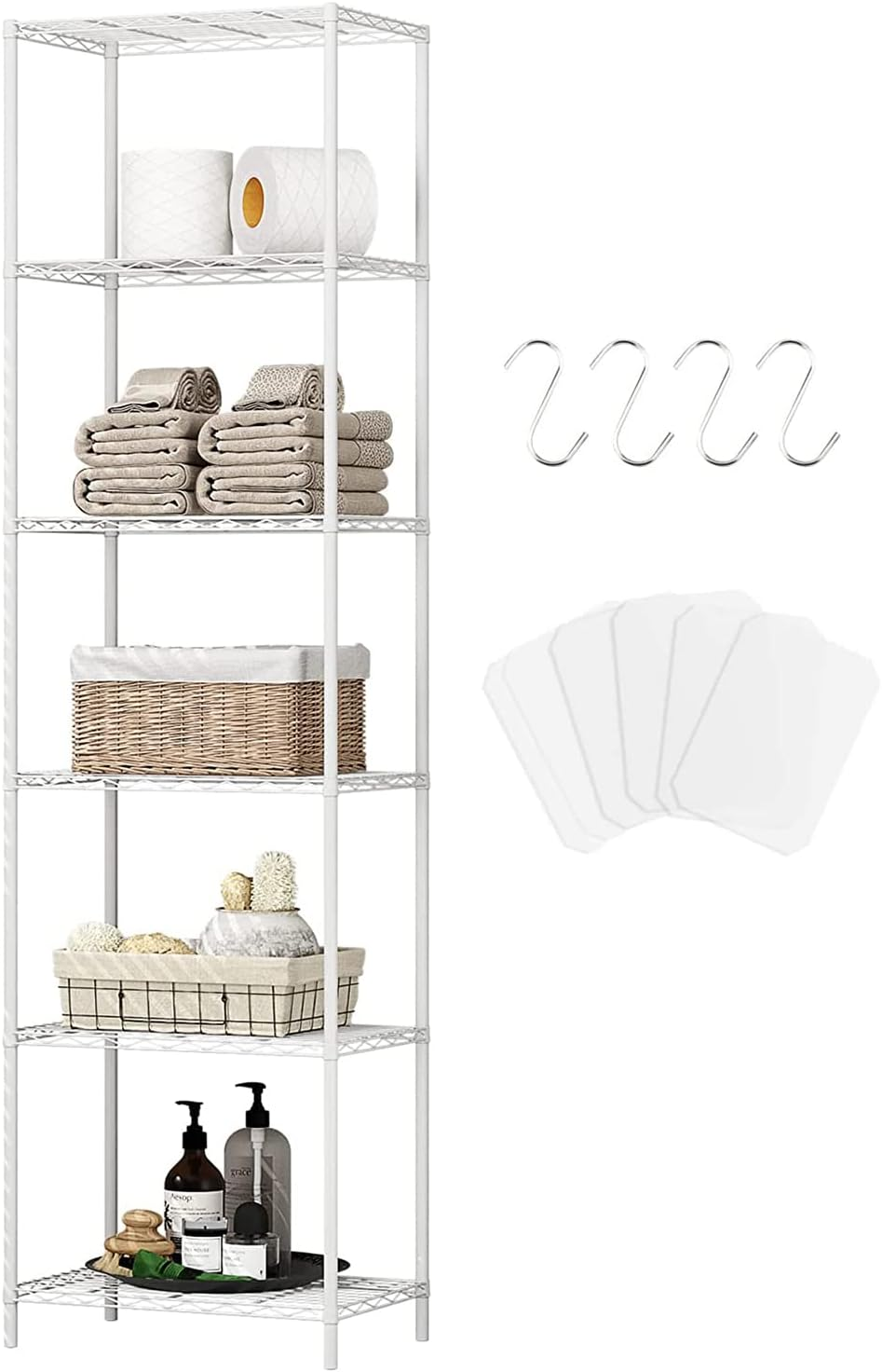 6-Tier Storage Shelves Standing Shelving Metal Units, Adjustable Height Wire Shelf Display Rack for Pantry Laundry Bathroom Kitchen (White)