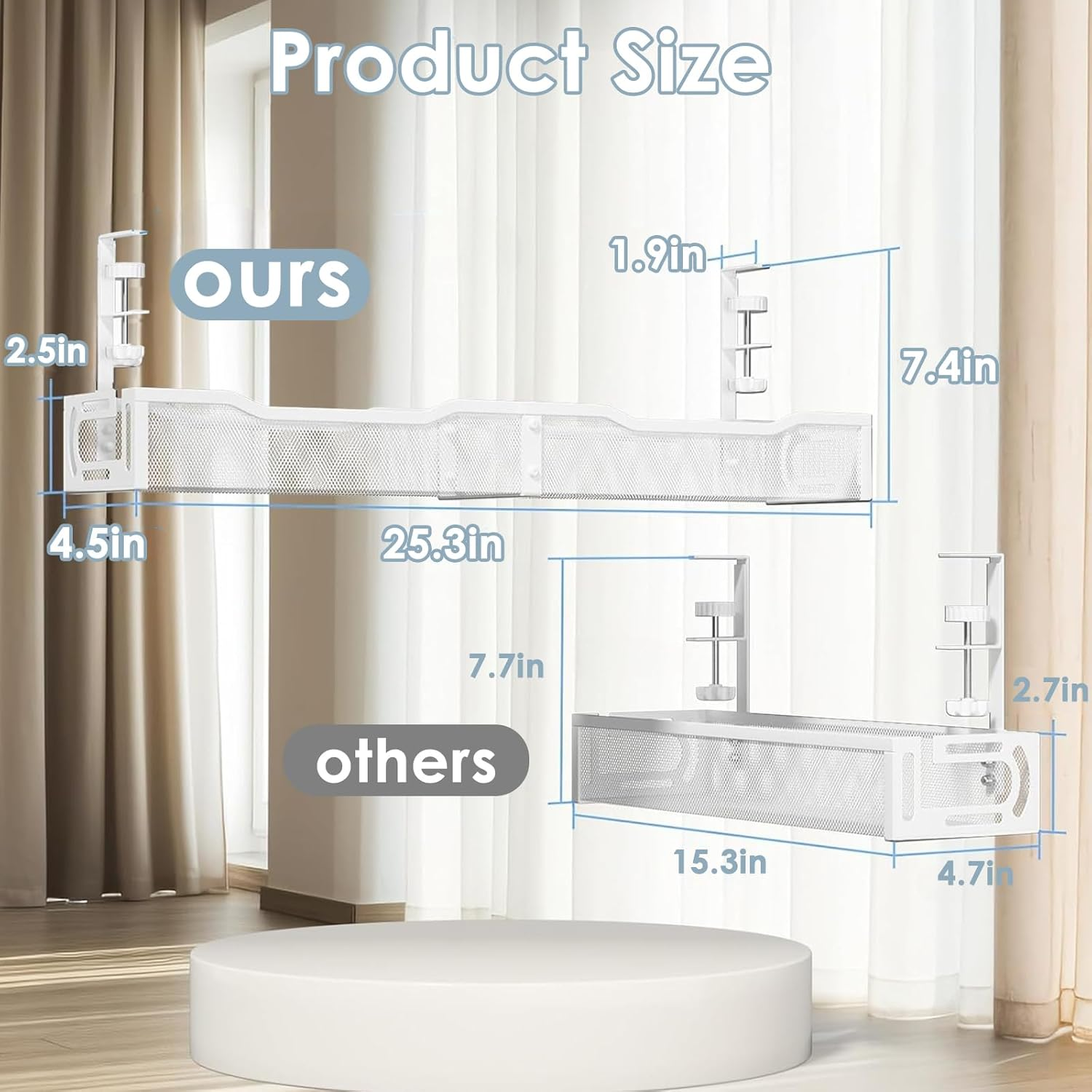 64CM under Desk Cable Management Tray, Cable Organizer, Cable Management Box, Cord Organizer for Desk, under Desk Storage for Office Home - No Drill to Desk Cable Raceway (White) image number 3