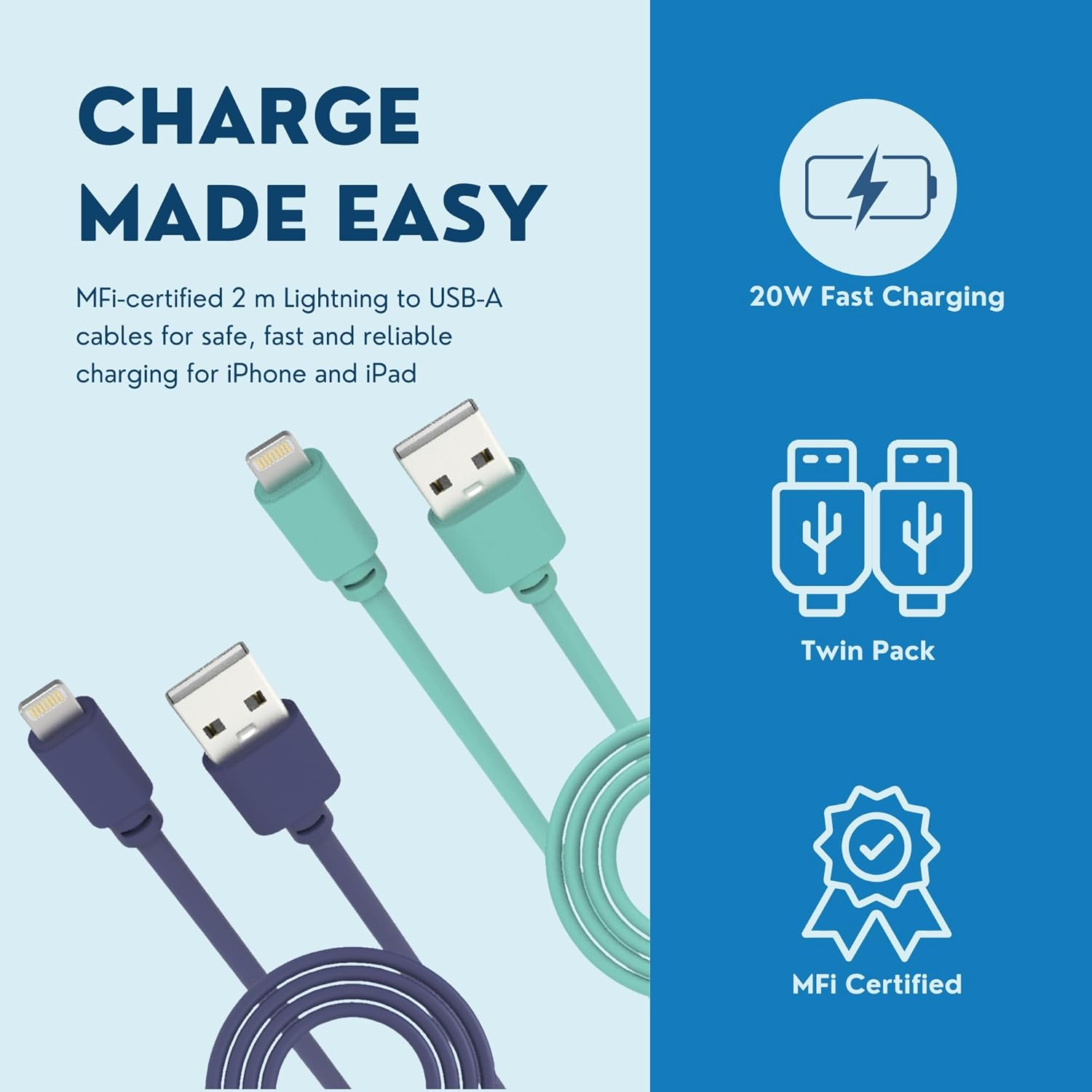 Laser Twin Pack 2M Mfi Lightning to USB-A Charging Cables | Extra Long Apple-Certified Iphone & Ipad Charger Leads (Purple + Green) image number 4