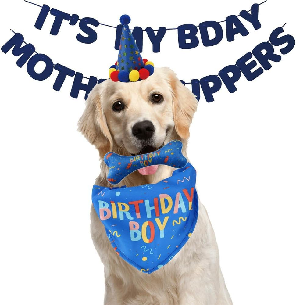 Dog Birthday Party Supplies,Dog Birthday Bandana Hat Set Pet Happy Birthday Party Supplies Triangle Bibs with Cute Bone Dog Birthday Scarf Accessories and Decoration for Extra Large Dogs Pets image number 1