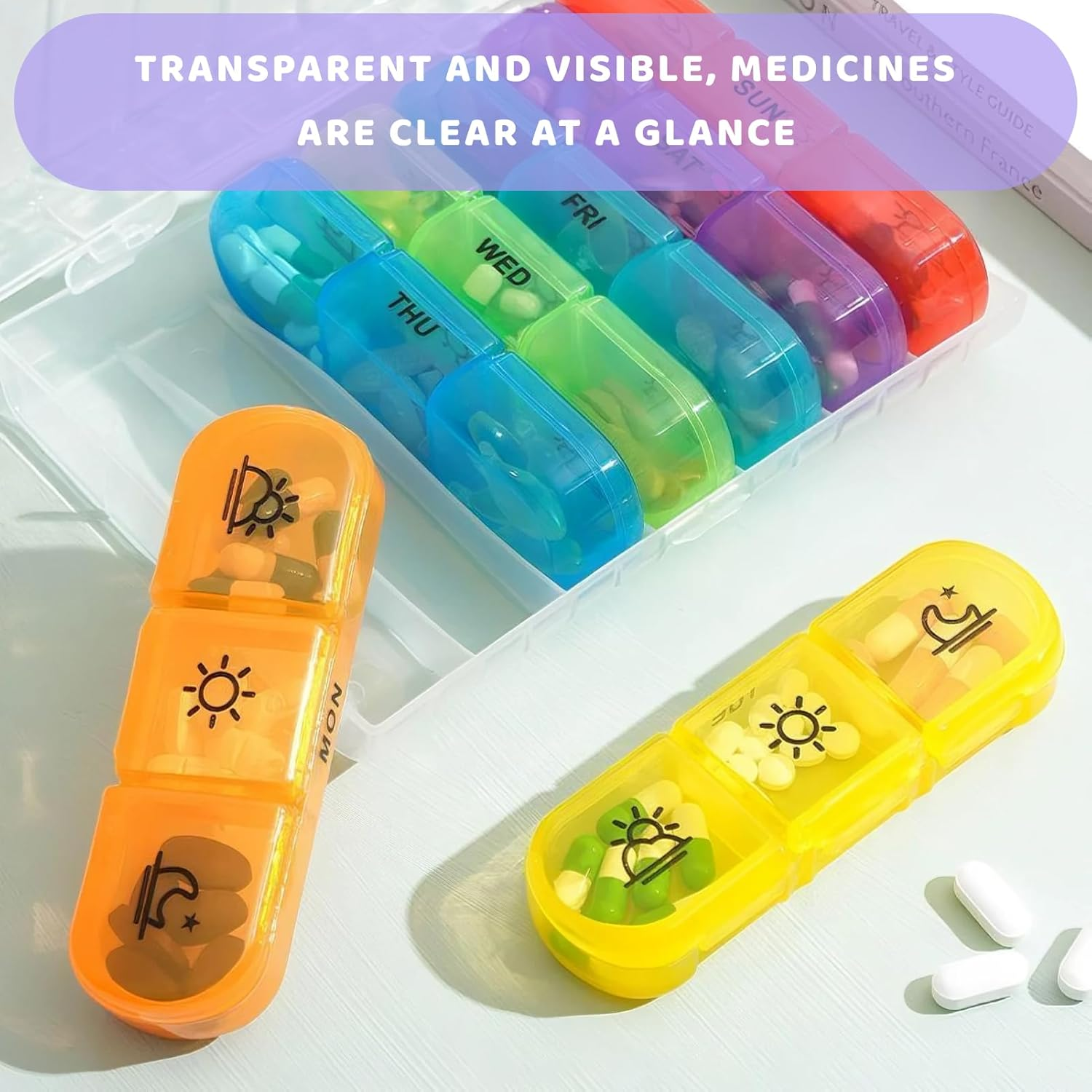 Weekly Pill Organizer 3 Times a Day, Large Capacity AM NOON PM Pill Box for 7 Days, Spill Proof with Double Lock, Used for Storing Drugs, Vitamins, Supplements, and Fish Oil Supplements(Clear Rainbow)