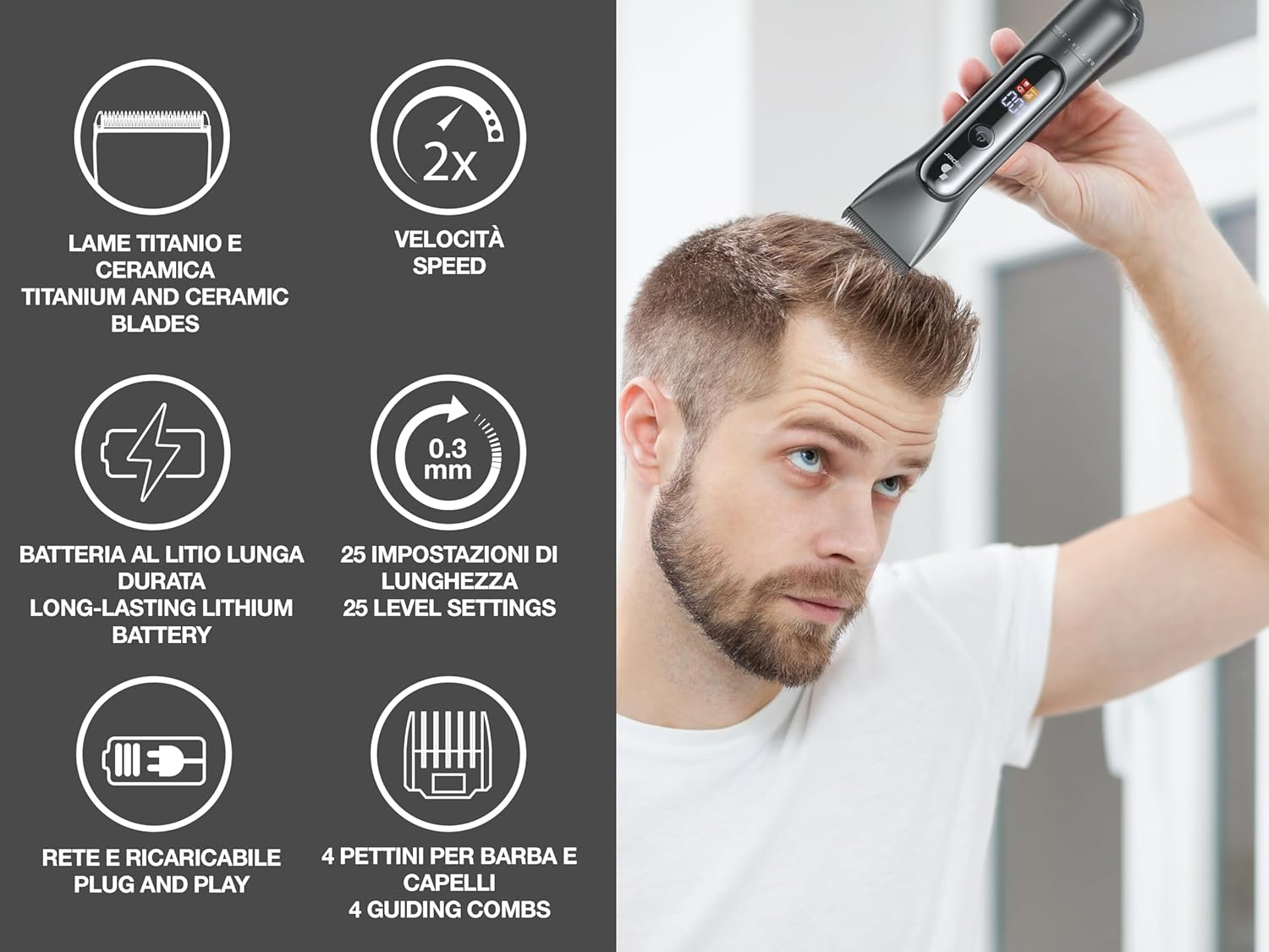 BEPER P304CAP010 Professional Men'S Hair Clipper, Titanium and Ceramic Blades, LED Display, 4 Adjustable Combs, 2 Speeds, Autonomy 3 Hours, USB-C Charging, Wired image number 4