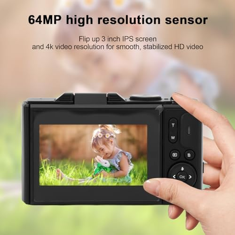 4K Digital Camera, 18X Zoom Retro Video Camera Camcorder Autofocus with 3 Inch Flip Screen, Portable 64MP Travel Camera for Photography Vlogging (Black) - New White image number 7