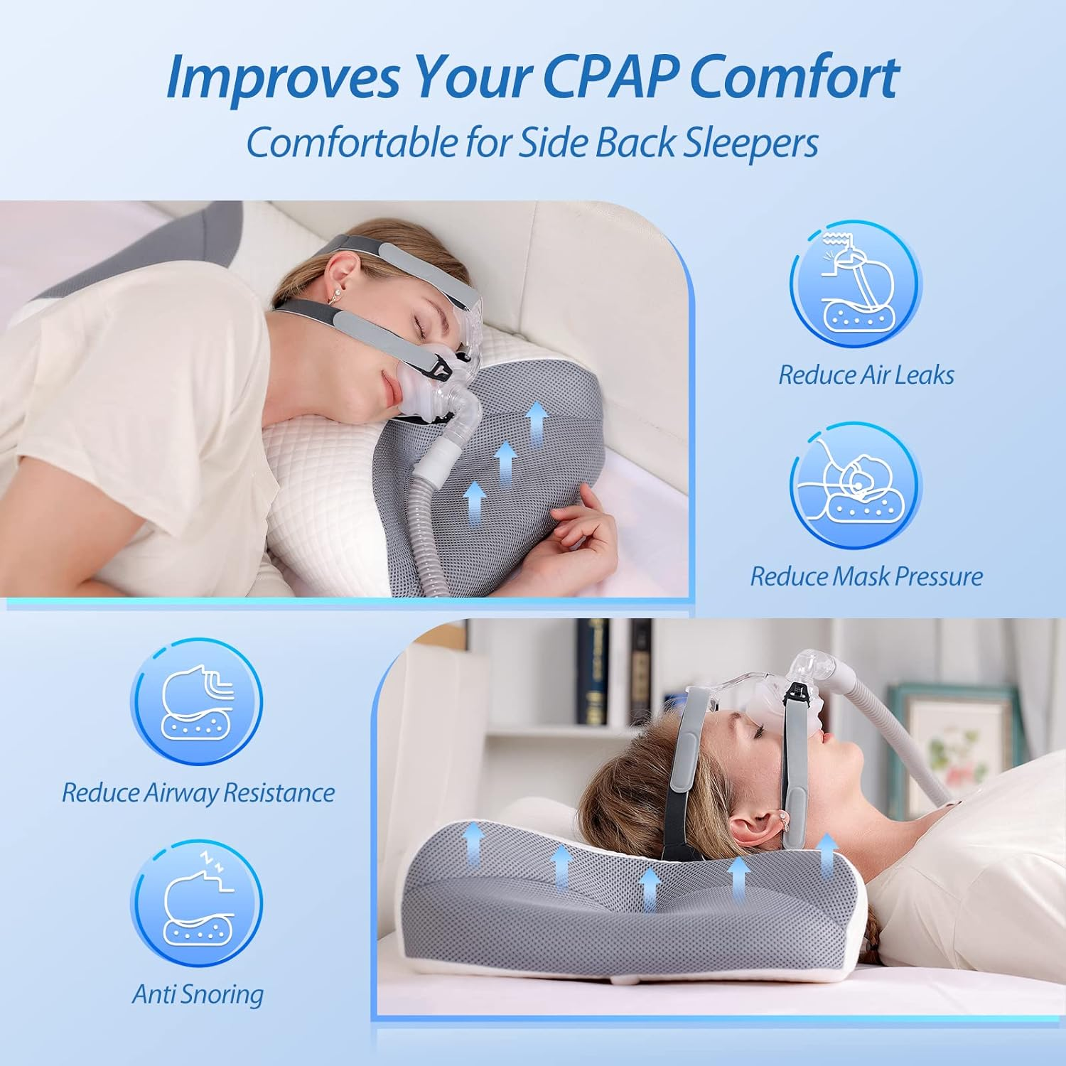 HOMCA CPAP Pillow for Side Sleeping, CPAP Nasal Pillows for All CPAP Users to Reduce Air Leaks, Neck Support Pillows for Sleeping for Neck Pain Relief(Gray) image number 3