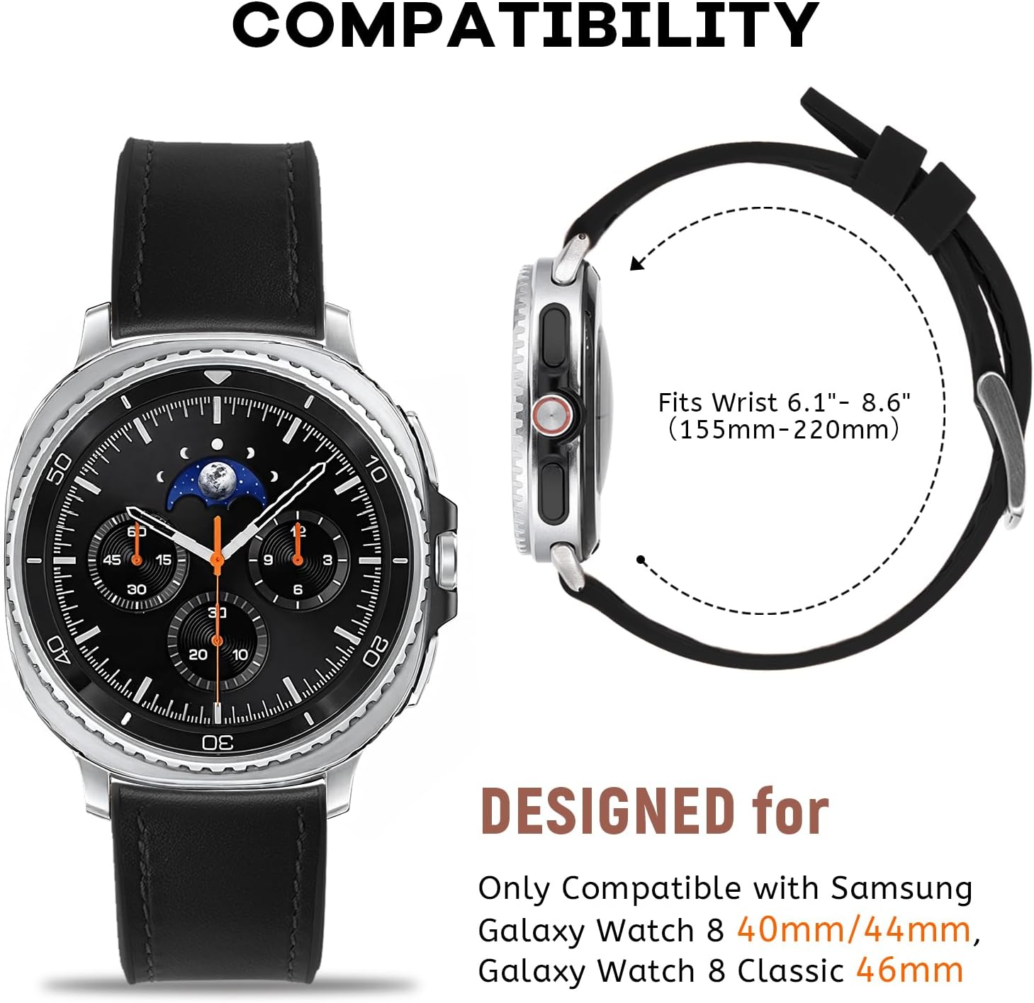 HAYONLIY Leather Band Compatible with Samsung Galaxy Watch 8 40Mm 44Mm/Galaxy Watch 8 Classic 46Mm, Genuine Leather Outer & Silicone Inner Sport Adjustable Replacement Strap for Men Women - Black image number 3