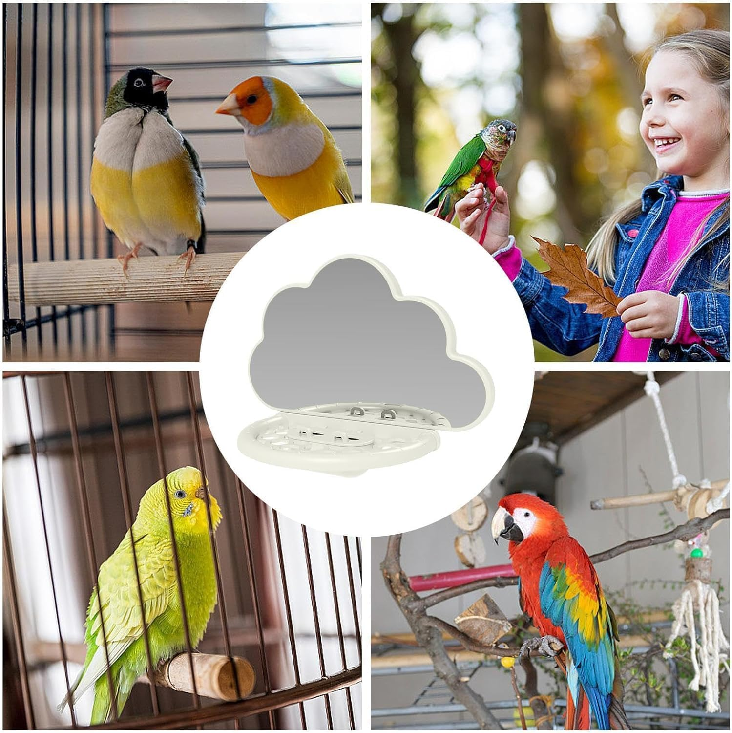 1Pcs Wezxrauo Cloud Mirror Bird Cage Toy with Perch & Hidden Feeder | Parrot Mirror Platforms for Parakeets, Cockatiels | Bird Mirror Toy with Perching Station | Cage Accessories image number 1