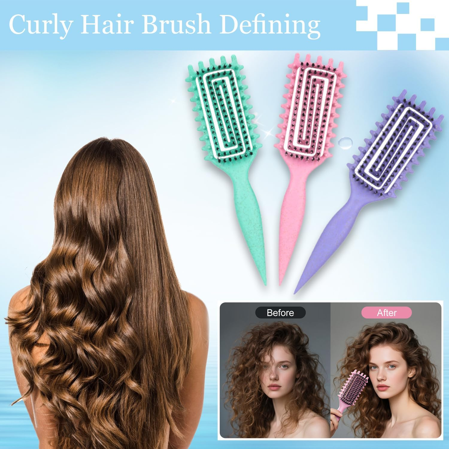 Curly Hair Brush,Curl Defining Brush plus 3 Pieces Hair Styling Comb Set(Slick Back Hair Brush,Rat Tail Comb,Edge Bristle Brush) for Combing, Shaping, Styling image number 2