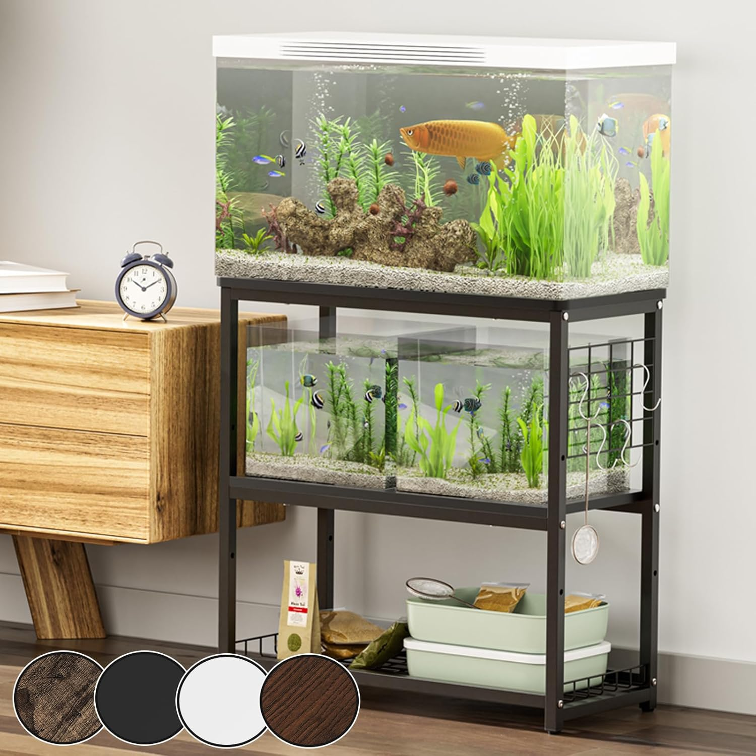 Aquarium Stand, 20 Gallon Fish Tank Stand with 3-Tier Storage Shelves & Hook, Heavy Duty Terrarium Stand Rack for Home Office, Lbs Load Capacity 25.6" L X 11.8" W X 25.6" H, Black