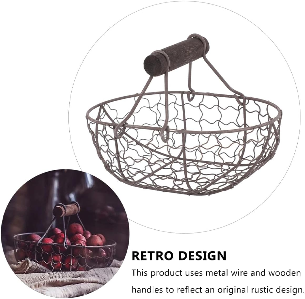 Ibasenice 2Pcs Vintage Iron Fruit Basket with Wooden Handles, Kitchen Storage Baskets for Vegetables, Eggs and Bread, Countertop Food Storage Organizer in Grey-Black image number 5