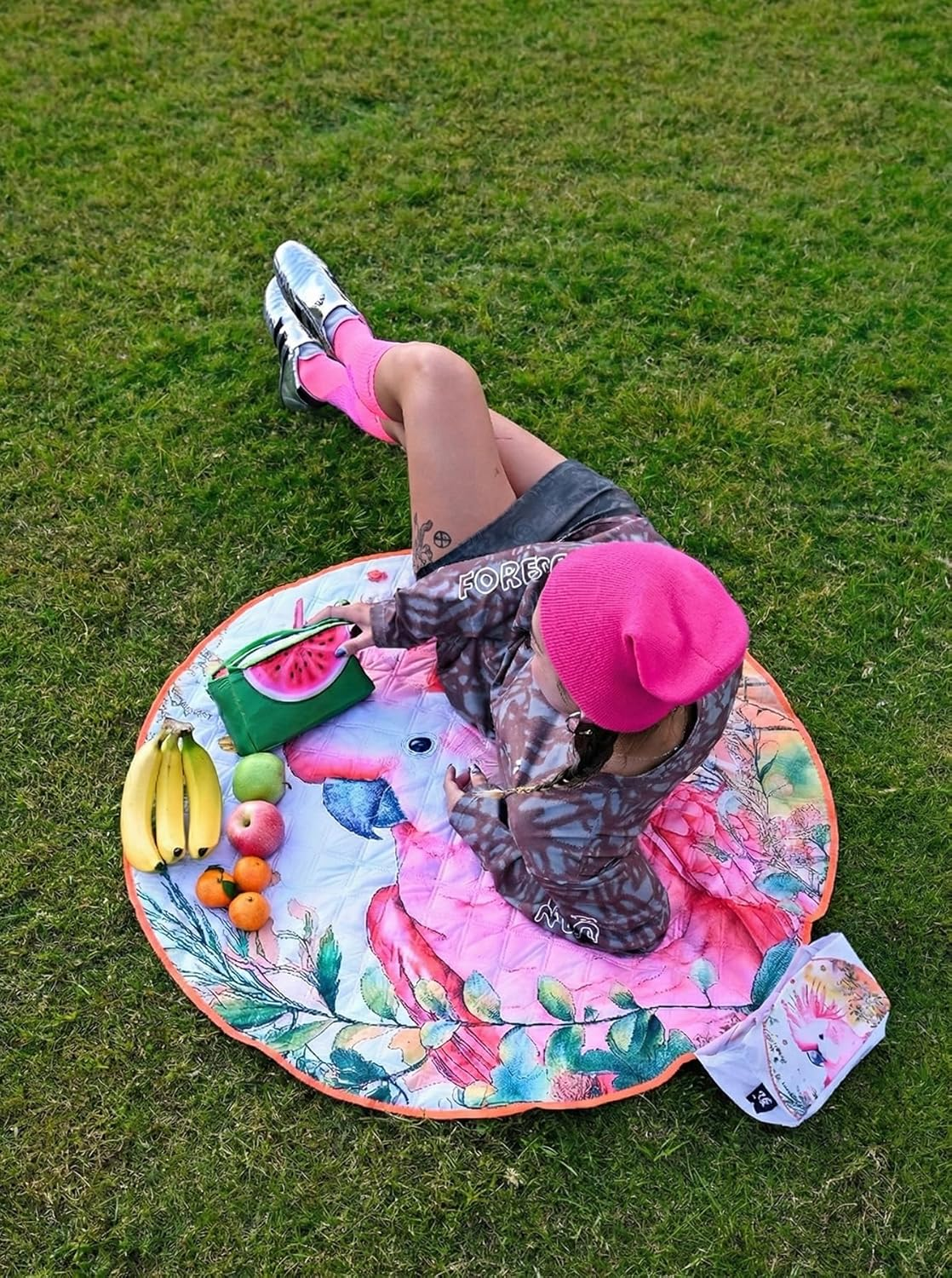 1M Outdoor Compact Picnic Blanket. Lightweight Foldable Waterproof Picnic Mat, Fun and Colourful. Designed in Sydney for Park, Beach, Camping, Courtyard, Music Festival (Pink Cockatoo) image number 2