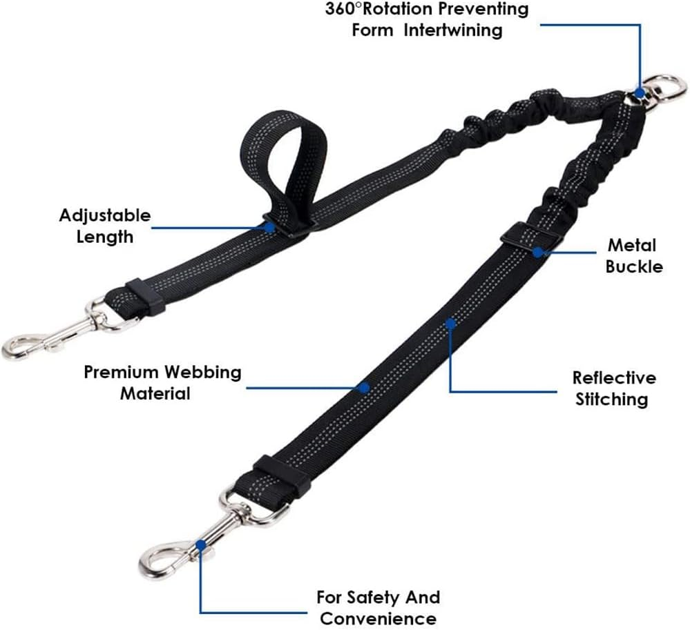 Dual Dog Leash 360 Swivel Rotation Bungee Stretch Reflective for Medium Large