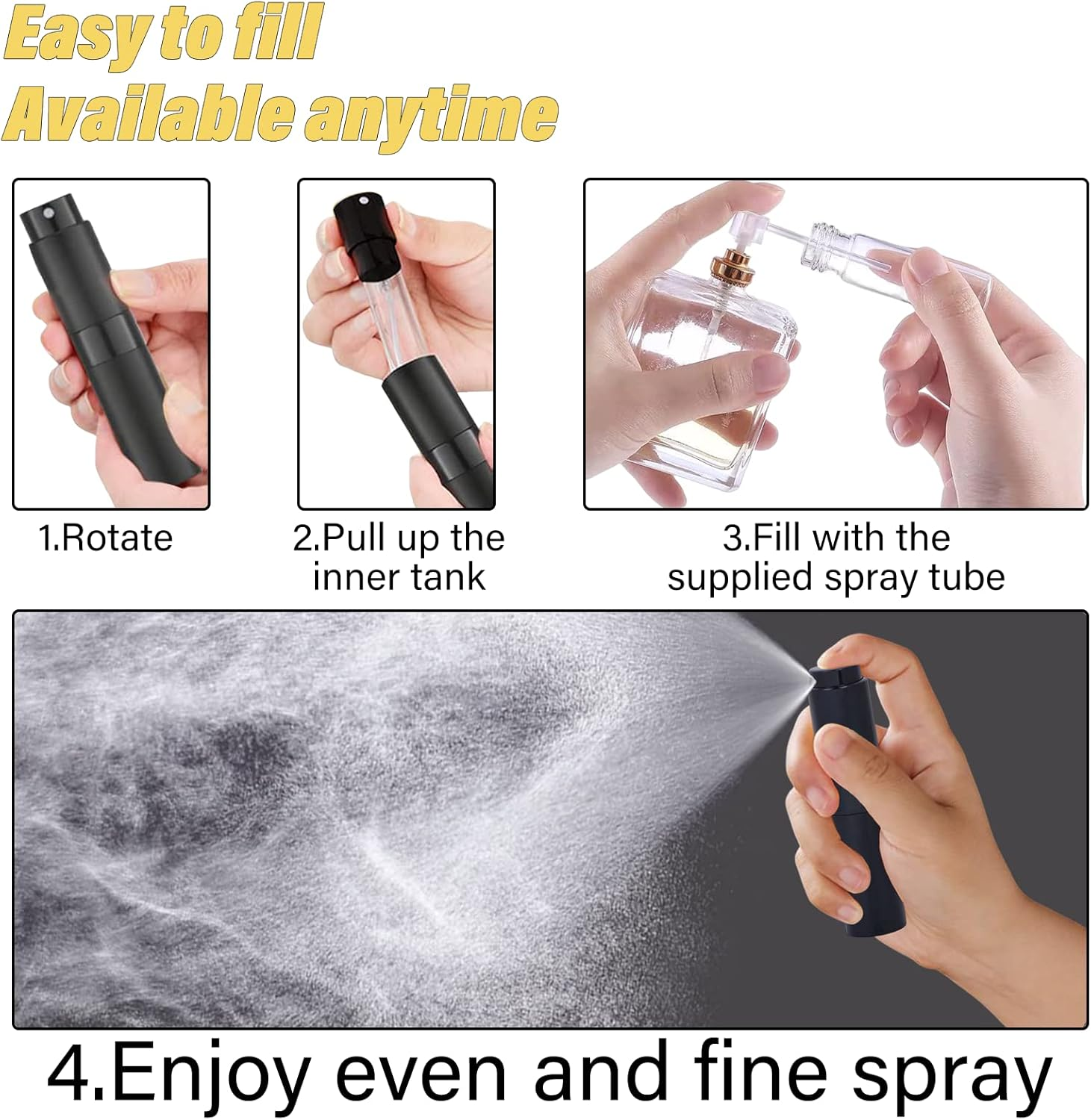 YUNAI 1Pcs Perfume Atomizer Refillable Bottles, 8Ml Portable Mini Spray Travel Bottle, Easy to Refill Glass Inner Empty Atomizer Bottle for Outgoing and Travel(Black) image number 4