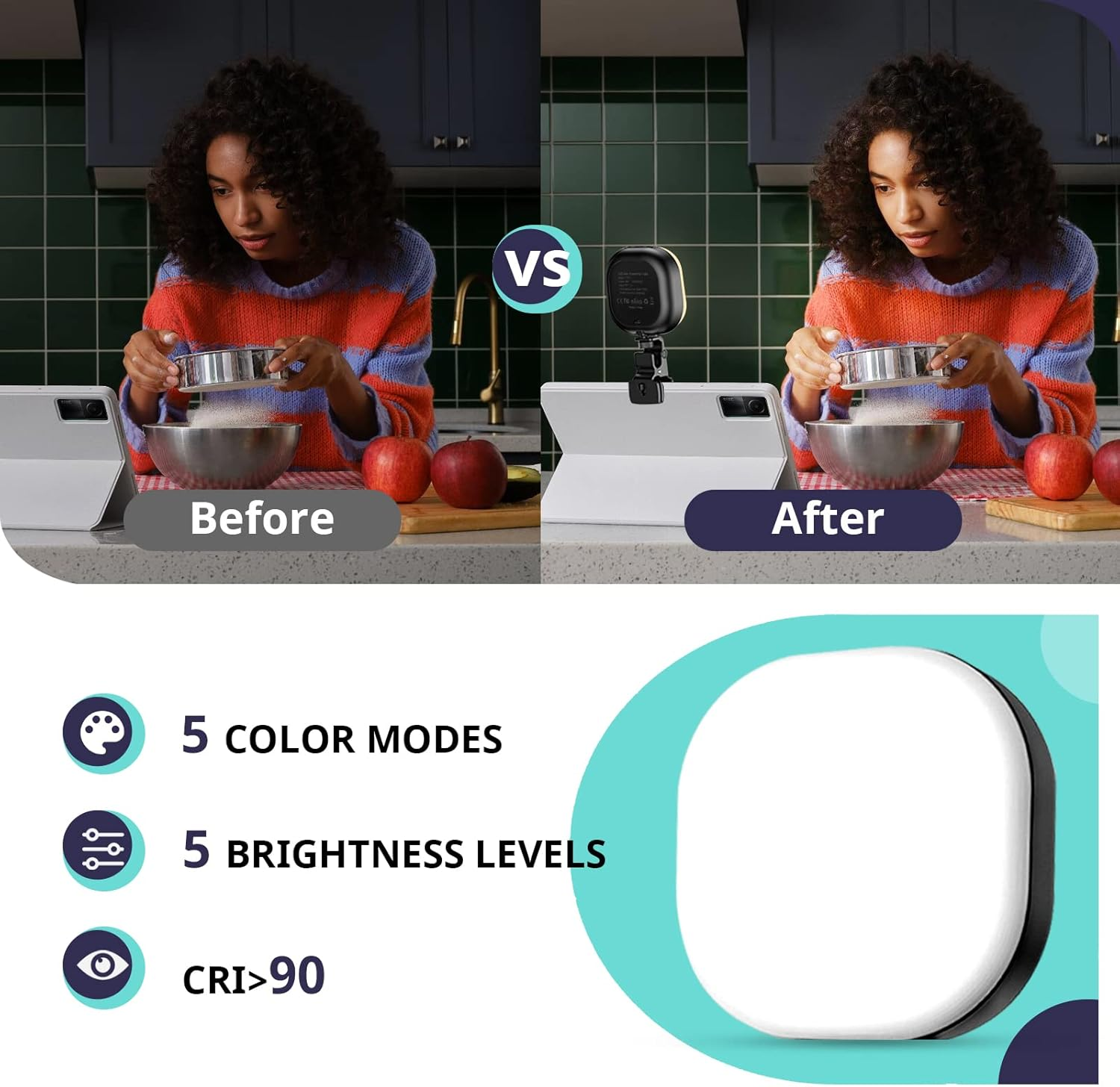 Sensyne Selfie Light, 60 LED Video Conference Lighting, Adjusted Phone Lights, Rechargeble Clip-On Fill Light Compatible with Cell Phone,Ipad,Laptop for Live Streaming, Selfie, Vlog, Zoom Calls image number 5