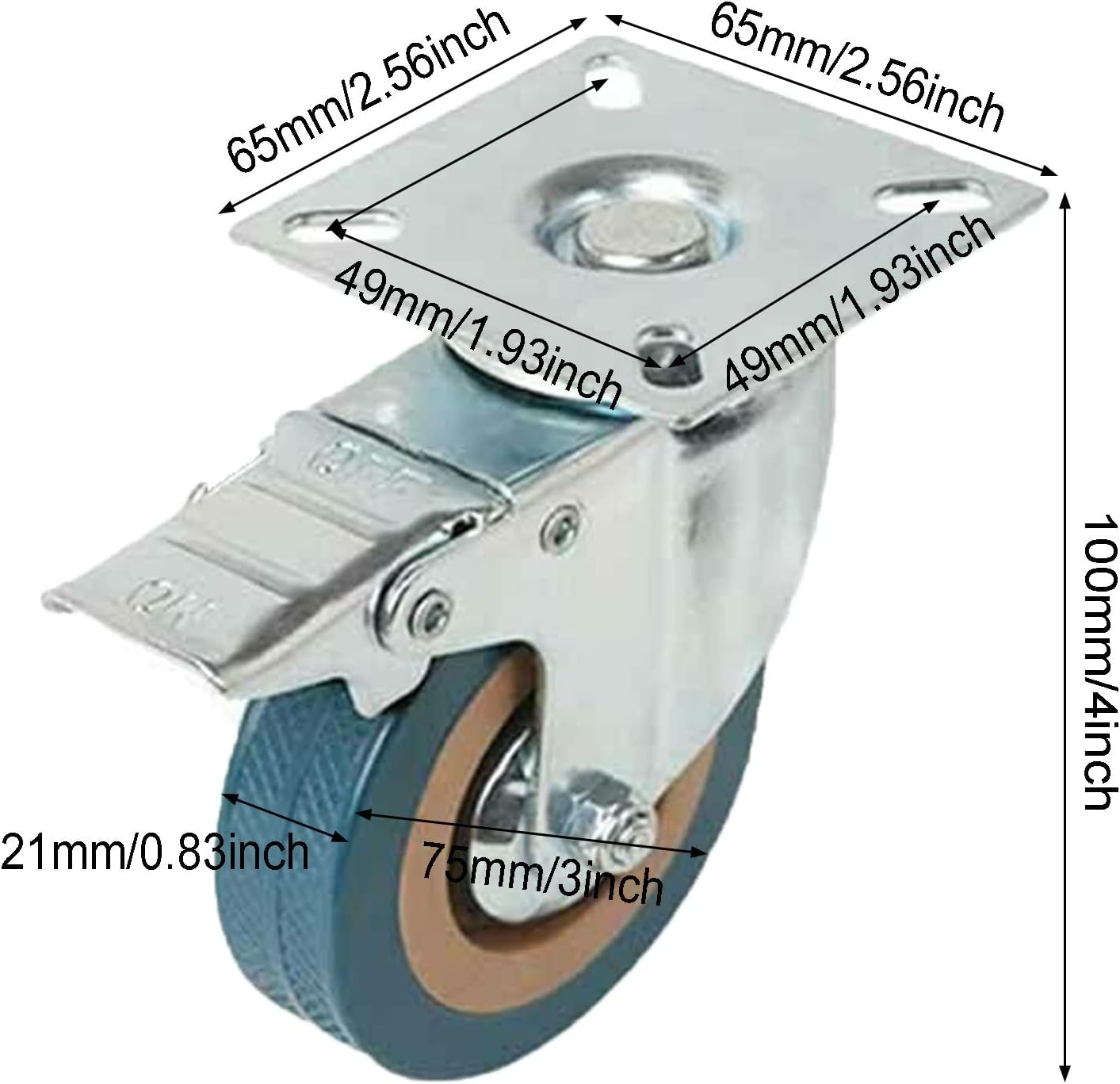 Acbbmns 4Pcs 3 Inch Caster Wheels with Brake, Heavy Duty Swivel Castors No Noise for Furniture Workbench Trolley - 2Inch 2Pcs With Brake  2Pcs Without Brake image number 6