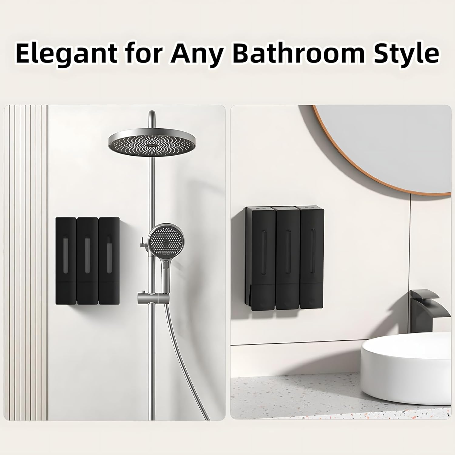 FORYUSE Shower Soap Dispenser Shampoo Conditioner Wall Mounted No Drill Body Wash Dispenser 3 Chamber for Home Bathroom Hotel 3 X 400Ml Large Capacity Black image number 2