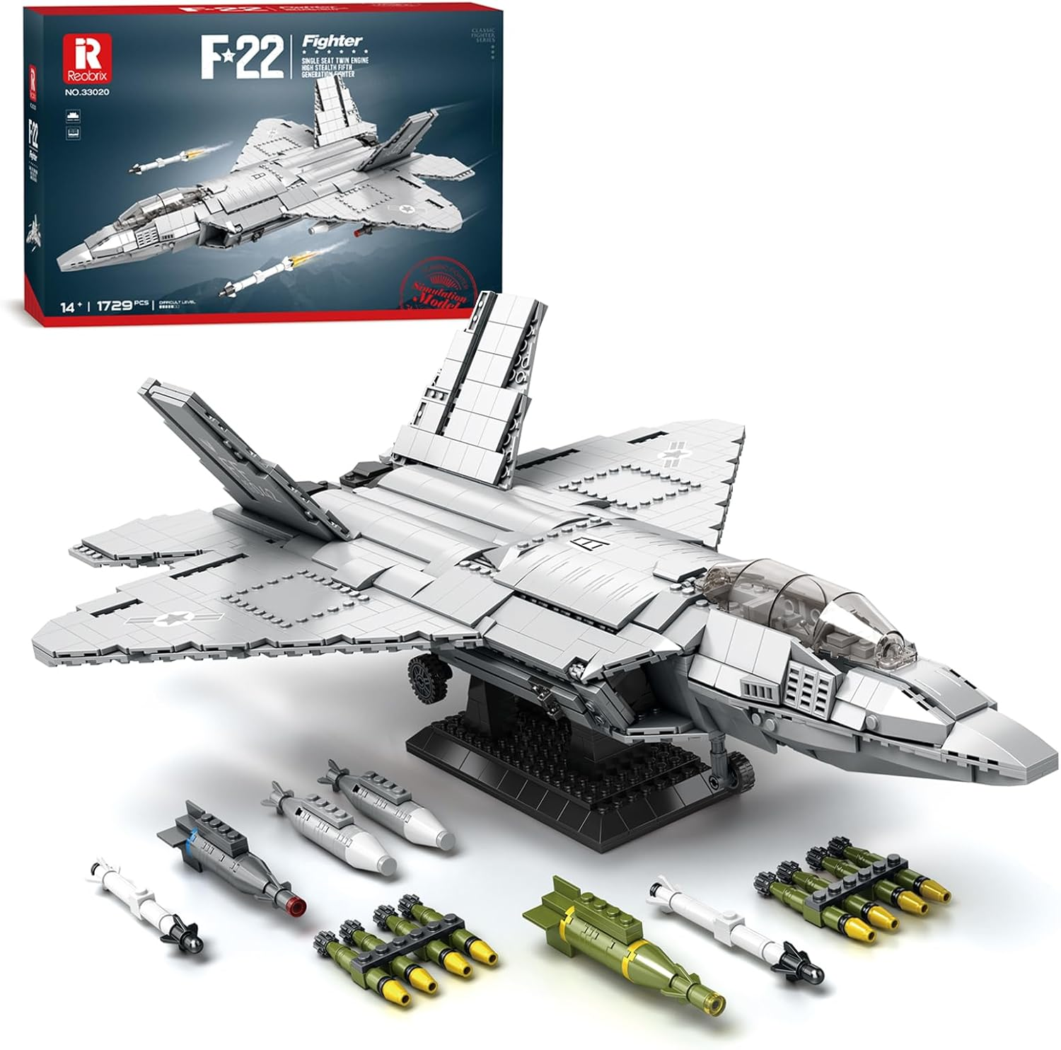 Reobrix 33020 F-22 Raptor Building Block Set with Missiles, Fighter Jet Model Building Kit, Military Airplane Toy for Aviation Enthusiasts, Kids and Adults, 1729 PCS image number 6