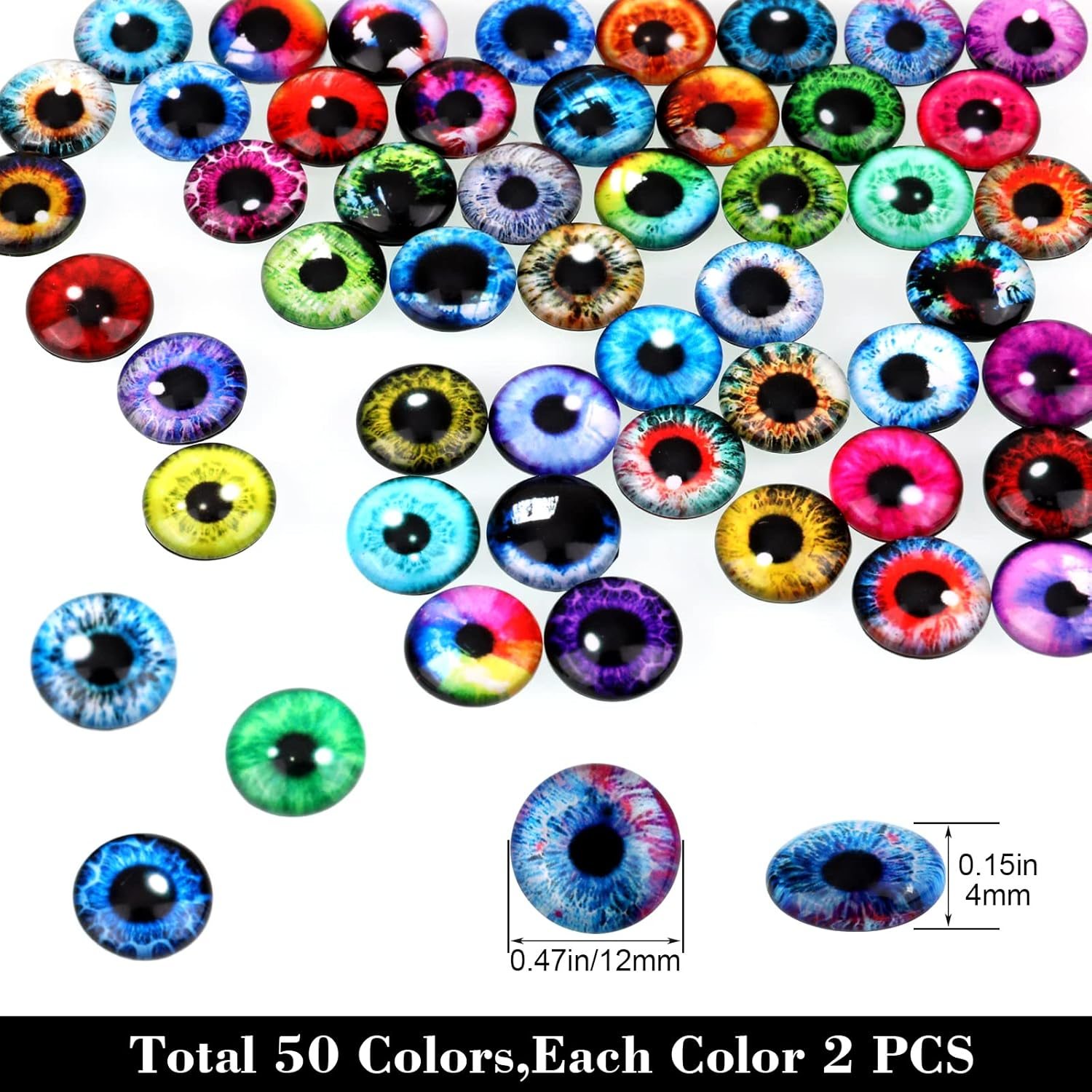 MWOOT Pack of 100 12 Mm Glass Eyes Glass Dragon Eye Kit, Dragon Eyes Glass Cabochon Eyes, 50 Style Animal Eyes Human Glass Doll Eyes for DIY Dolls Scrapbooking Jewellery Creations Halloween Craft Accessories image number 3
