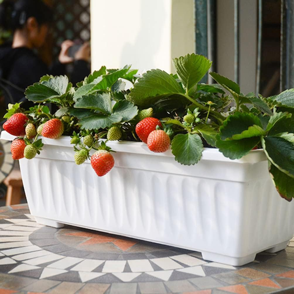 Happyyami Flower Window Box - 2Pcs Vegetable Planters - Rectangular - Long Pots with Trays - Rectangular Flower Pot White