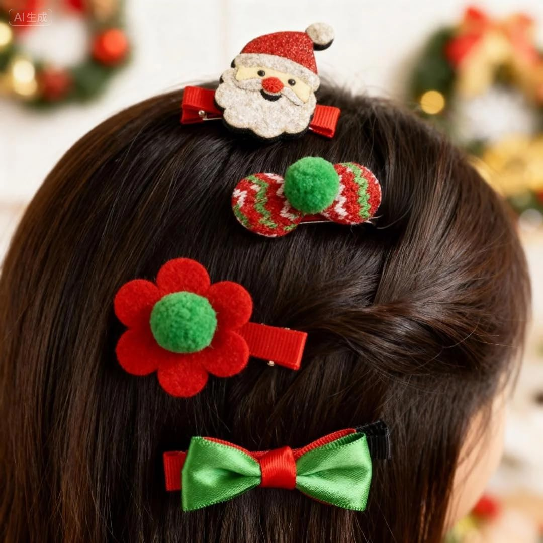 8Pcs Christmas Hair Clips Cute Decorative Hair Accessories Santa Headdress Hairpin Christmas Hat Hair Bows for Girls Women Kids Gifts Red and Green image number 2