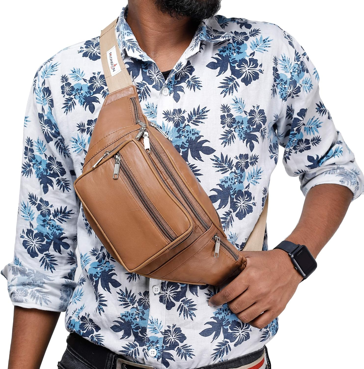 K London Leather Tan Men Women Waist Bag Fanny Bag Travel Pouch Passport Holder (1446_Tan), Beige, L, Fashion Waist Packs - Brown image number 3