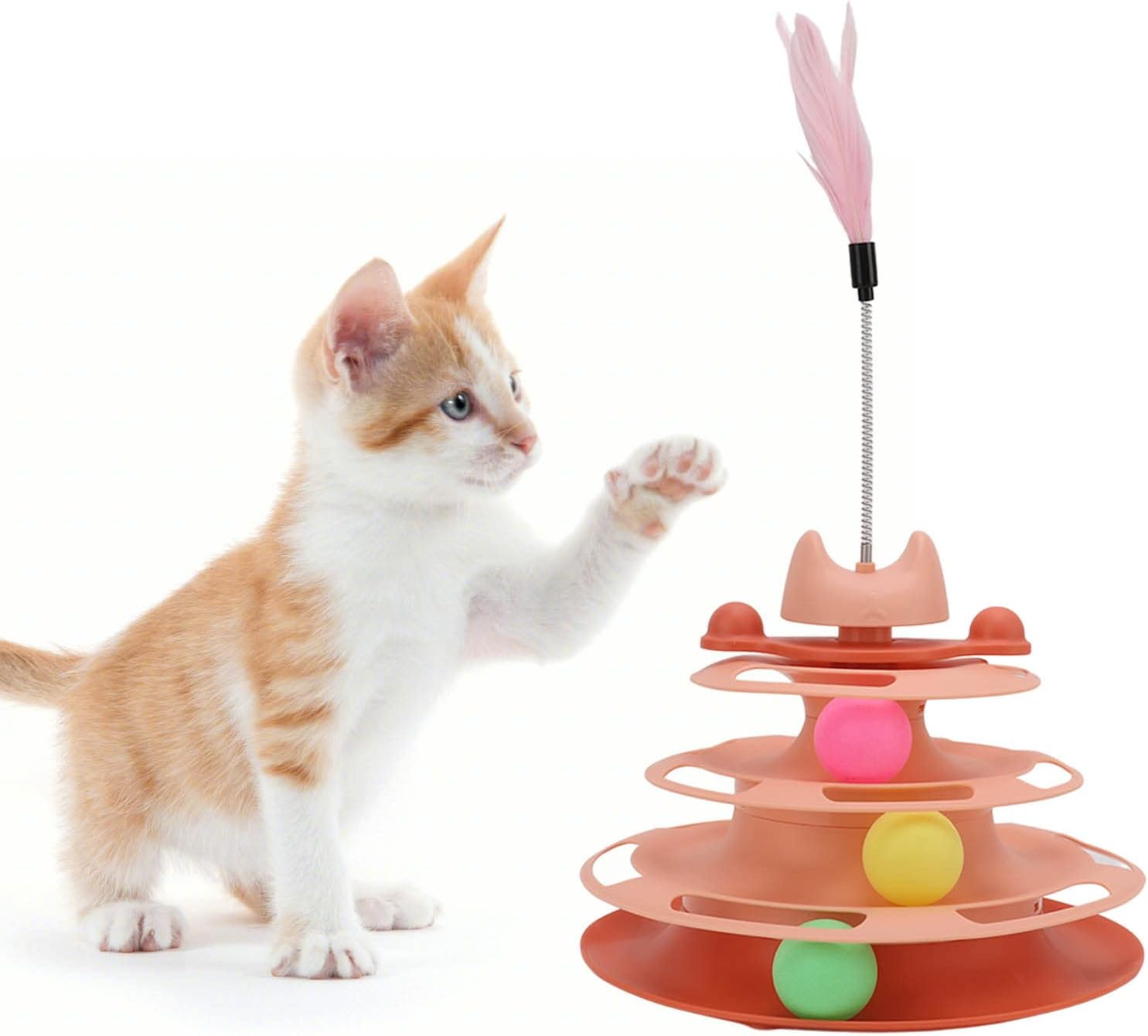 Ciciglow Cat Toy Set, Interactive Toy for Kittens, 3-Layer Towers Roller Tracks Cat Teaser Ball Toy with 3 Colourful Balls and Cat Stick, for Movement and Stimulation (Pink) image number 3