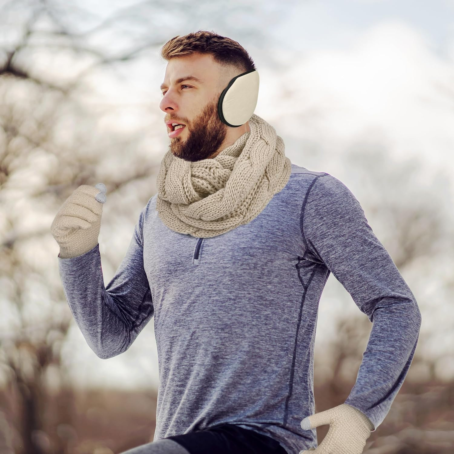 Aneco Winter Warm Sets Knitted Scarf Beanie Hat Touch Screen Gloves and Winter Ear Warmer for Men or Women - Beige image number 3