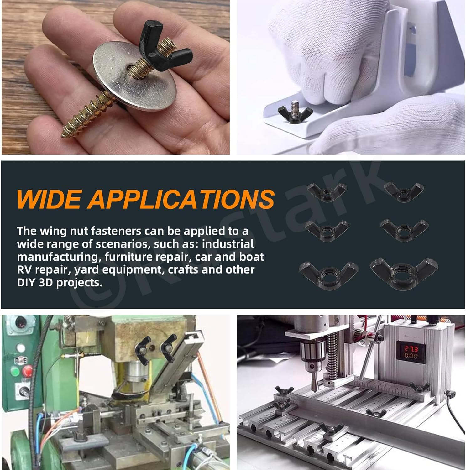 Rustark 125Pcs 6 Sizes Black SAE Zinc Plated Butterfly Wing Nuts Assortment Kit Butterfly Wingnuts Carbon Steel Wing Nuts Hand Twist Secure Fasteners for Industrial Machine