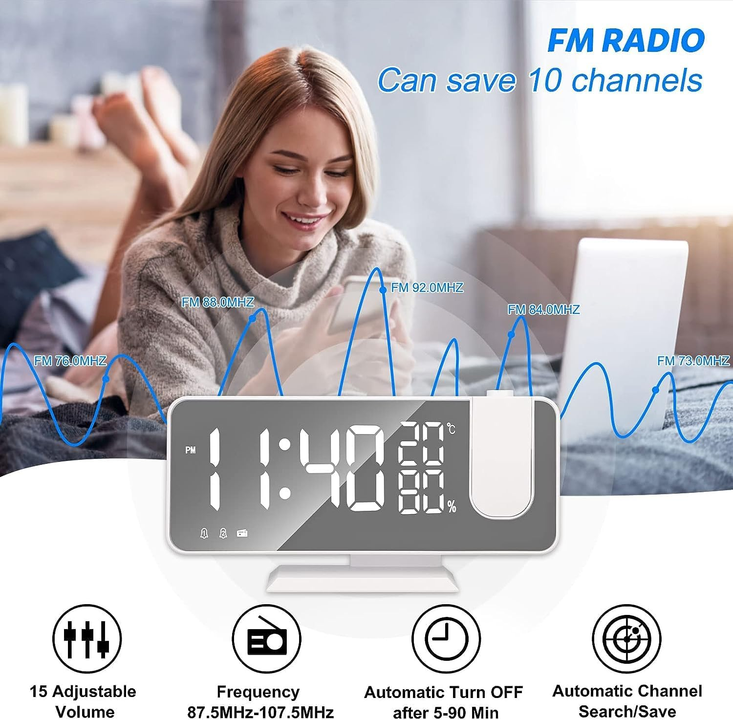 Projection Digital Alarm Clock for Bedroom, Beedove FM Radio Alarm Clock, Dual Alarm Clock with 3 Dimmer,Snooze,Timer,180&deg;Rotatable Ceiling Projection Alarm Clock for Home Decor, Desk, Office, White - White image number 2