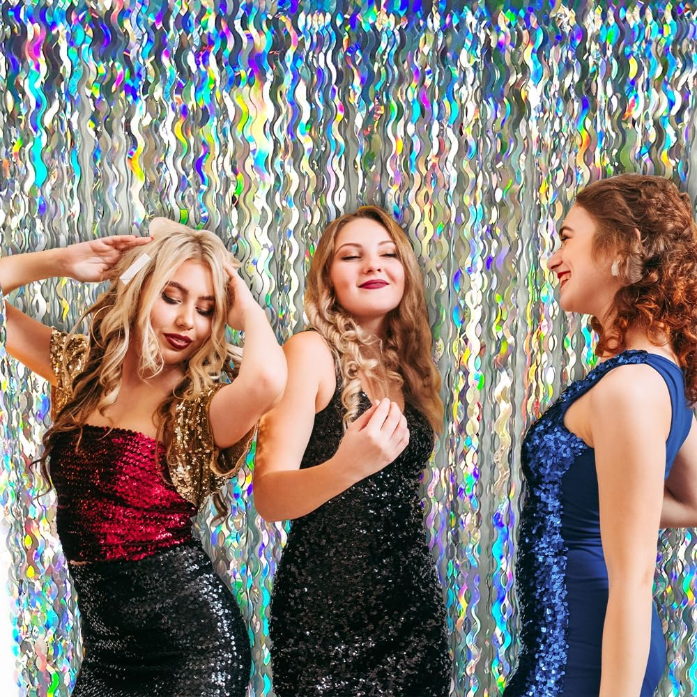 Foil Fringe Curtain, Pack of 2 Tinsel Backdrop, Birthday Party Decorations, Streamer Backdrop Foil Curtains, Graduation Decorations (Wavy Holographic-Silver) - Laser Glitter Black image number 7
