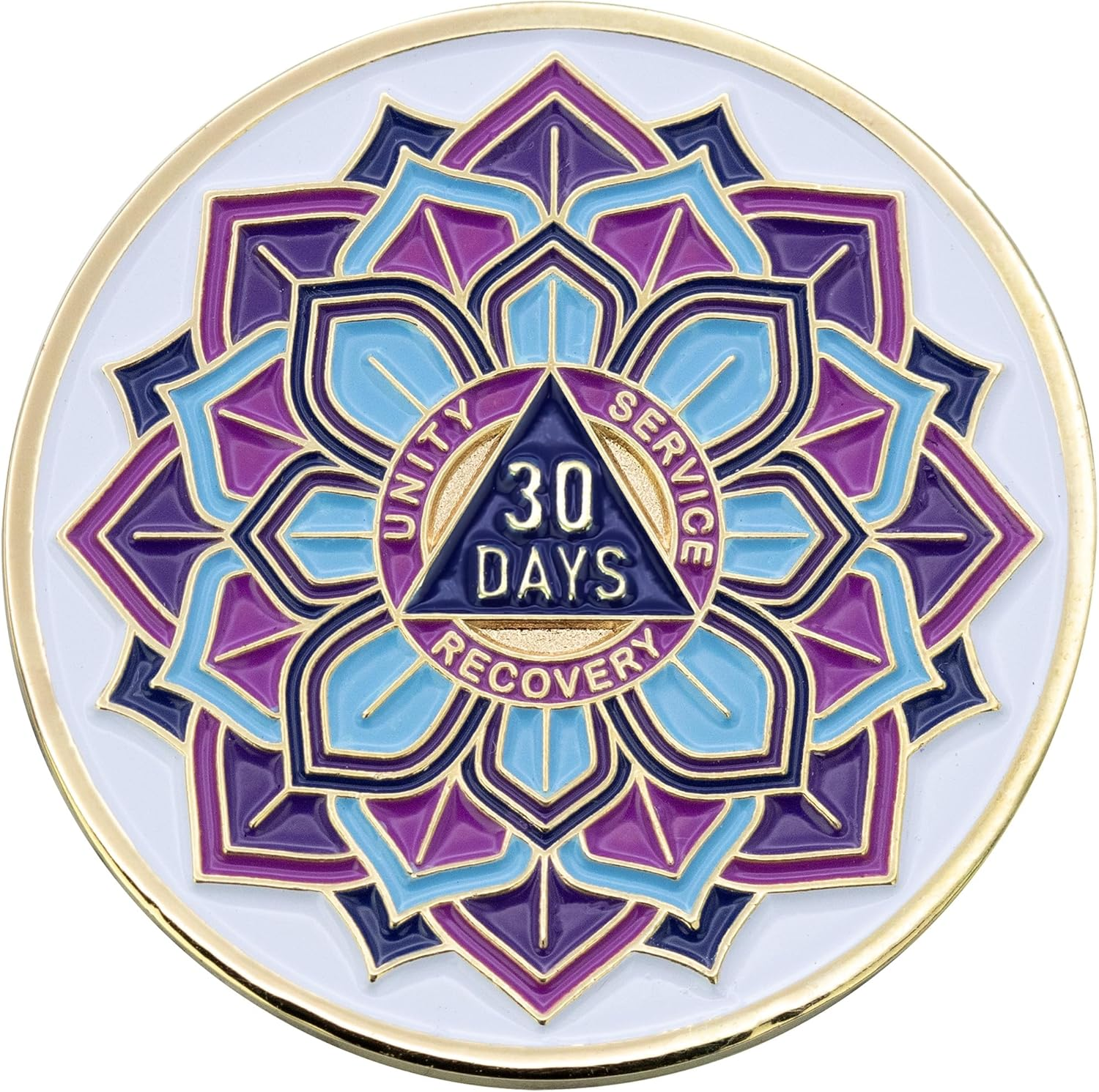 30 Days AA Coin - Sobriety Mint 'In Bloom' Lotus Flower Recovery Medallion/Chip - White/Gold - 1 Month image number 1