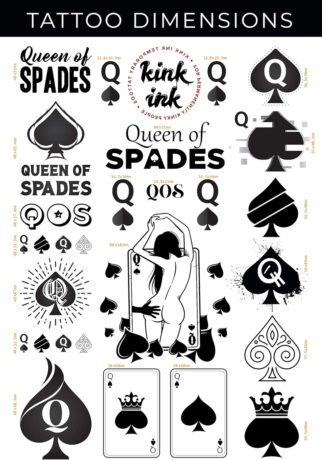 23 X Queen of Spades Temporary Tattoo Kinky Black Lettering A4 Sheet