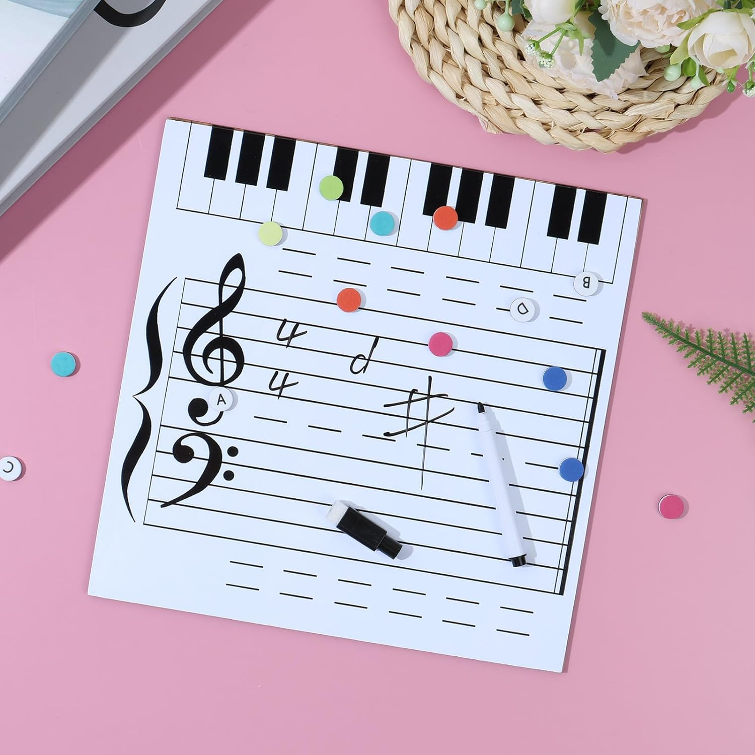 Dry Erase Piano Board Magnetic Portable Practice Dry Erase Keyboard with Erasable Pen and Magnetic Note Stickers Reusable Wooden Music Whiteboard for Kids Students Music Teacher image number 3