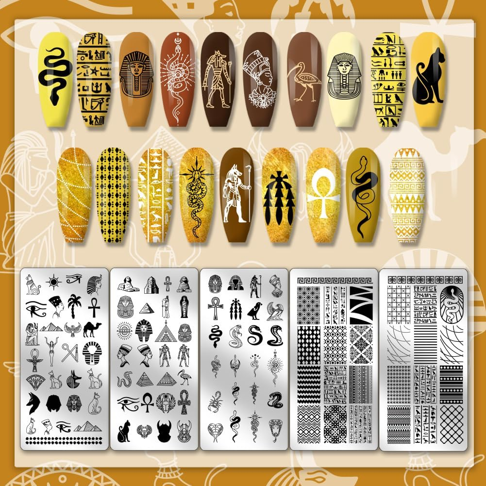 PH Pandahall 5Pcs Egyptian Elements Nail Stamping Plates, Pharaoh Mummy Nail Art Templates Snake Nail Art Stencil Stainless Steel Nail Image Plates for Women Nail Design Print Manicure Salon image number 5