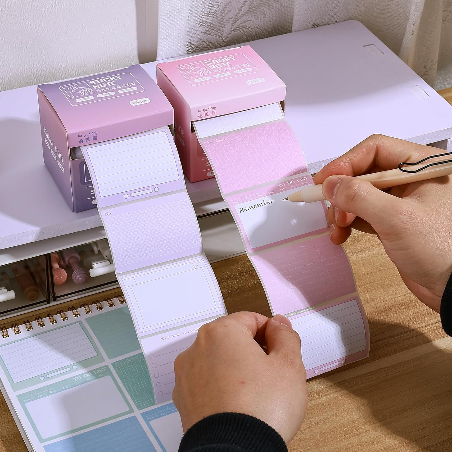 BAYTORY 512 Sheets Sticky Notes Roll Tape, 1.7 X 2.4 Inch Full Adhesive Pop-Out Sticky Notes with Pull Out Dispenser Boxes, Memo Pads Sticker Label for Noting Writing (Pink & Purple) - Pink  Purple image number 5